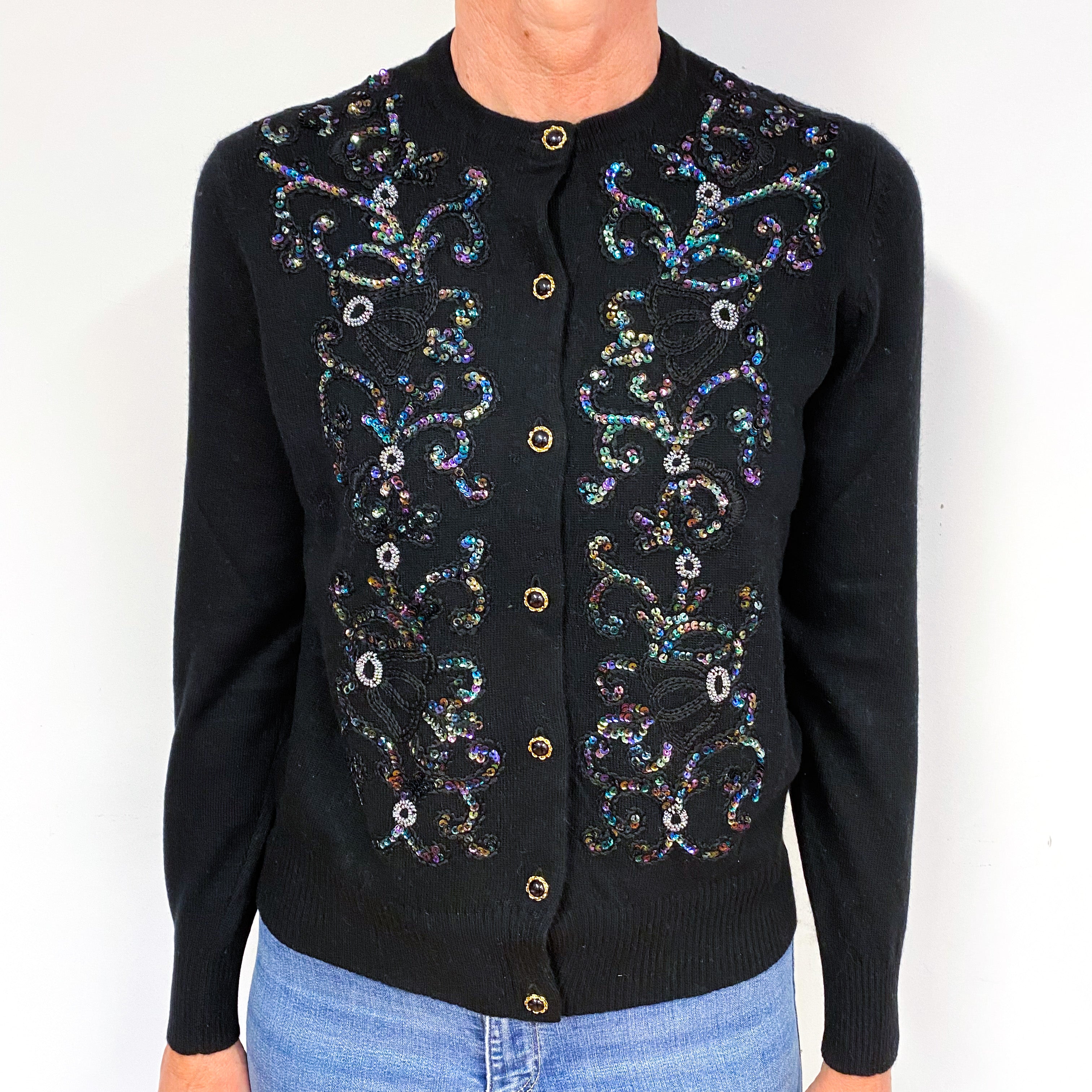 Black Pearlescent Sequin Cashmere Crew Neck Cardigan Medium