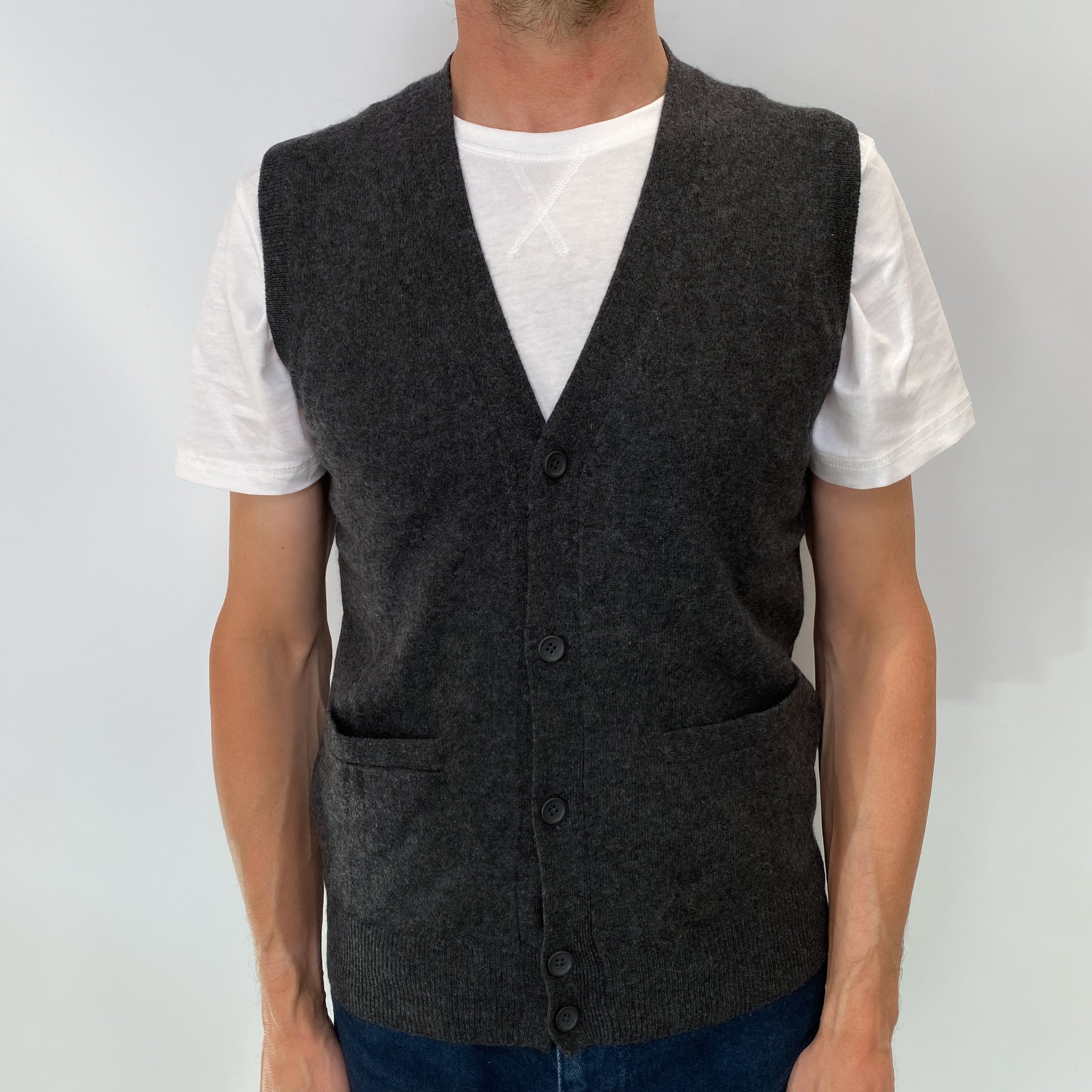 Charcoal Grey Men's Cashmere V Neck Sleeveless Jumper Small