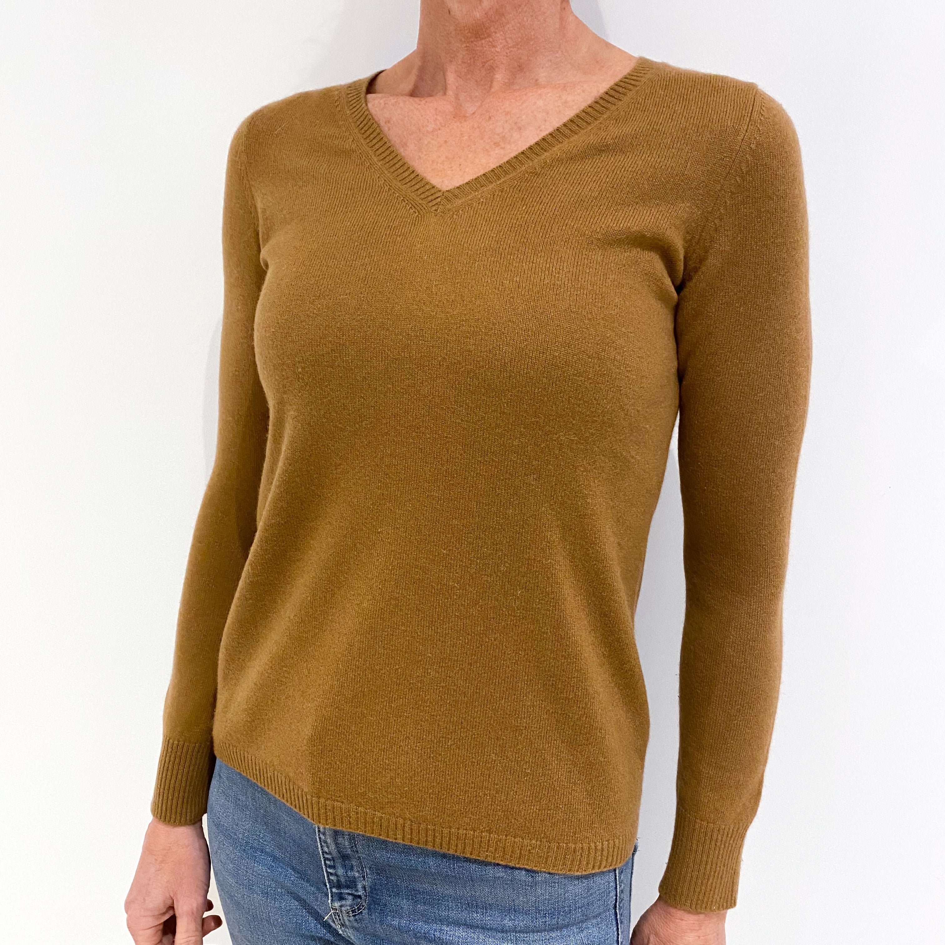 Dark Camel Brown Cashmere V-Neck Jumper Small