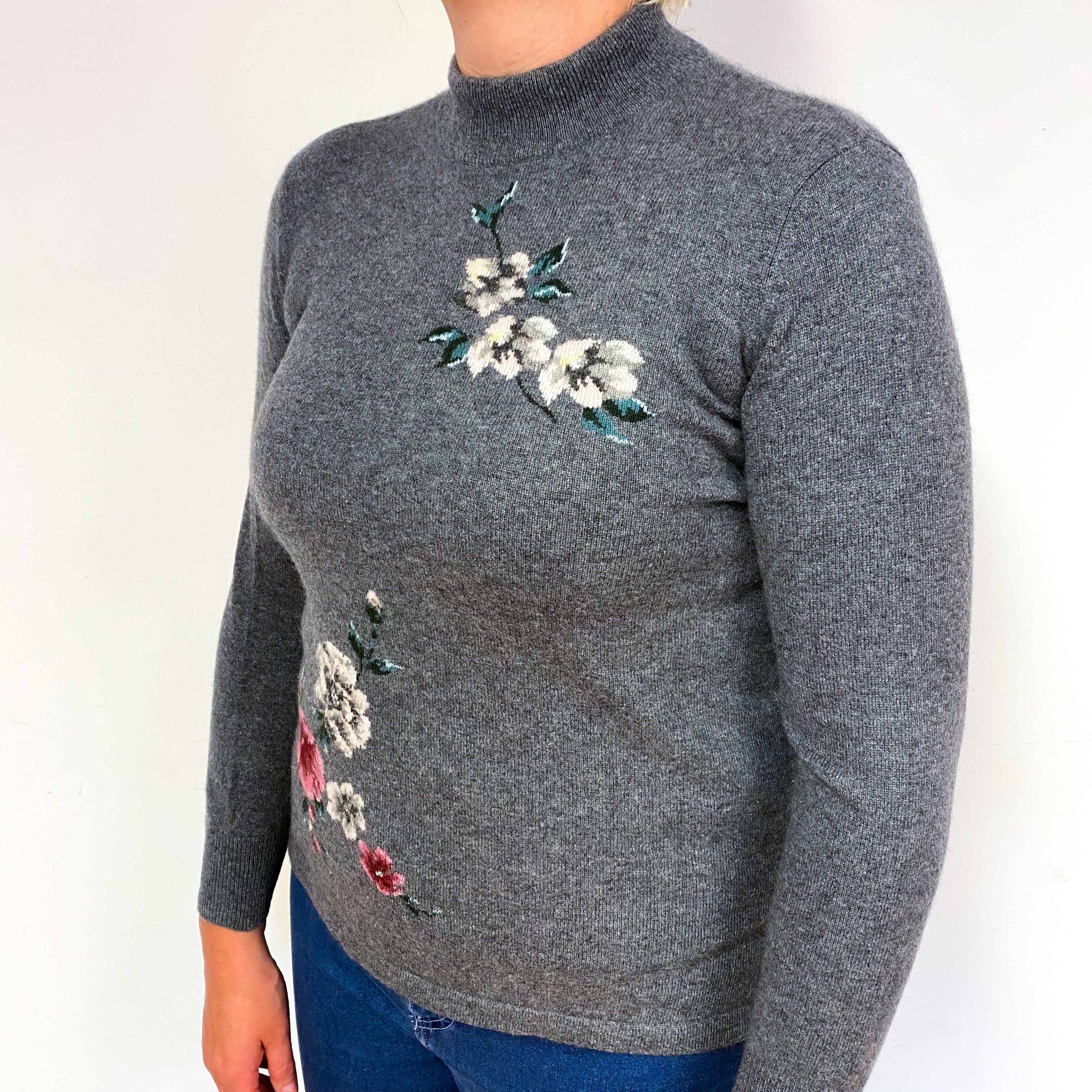 Vintage Grey Floral Cashmere Turtle Neck Jumper Large