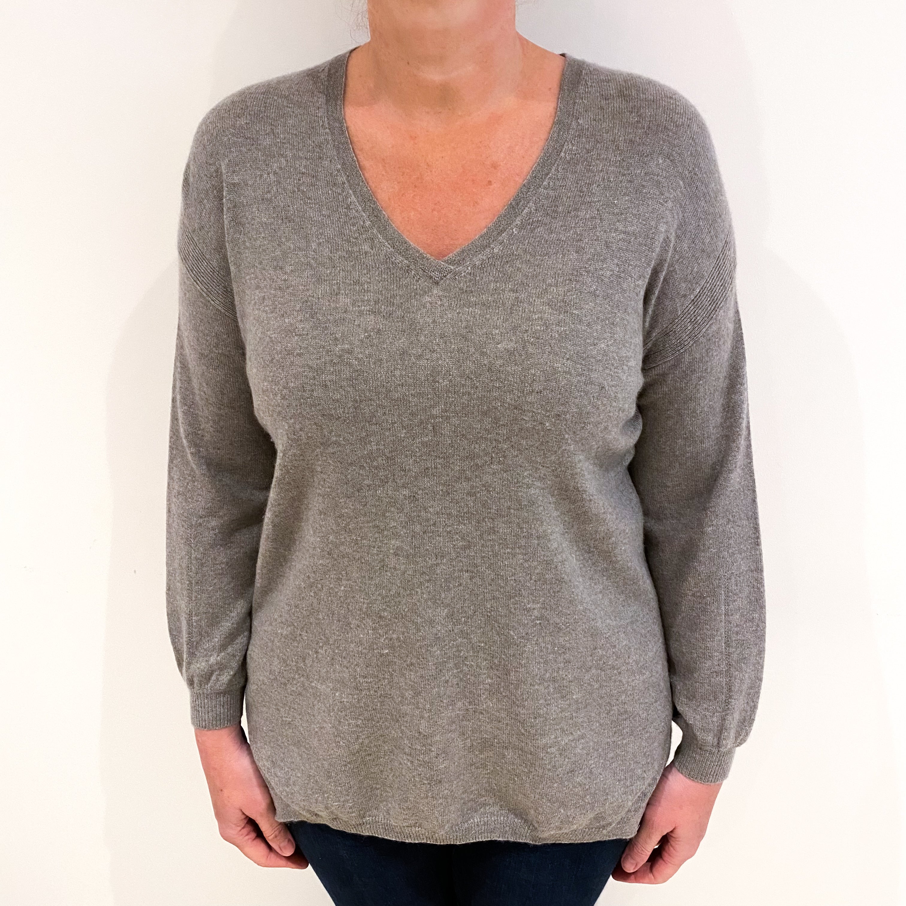 Mink Brown Cashmere V Neck Jumper Large