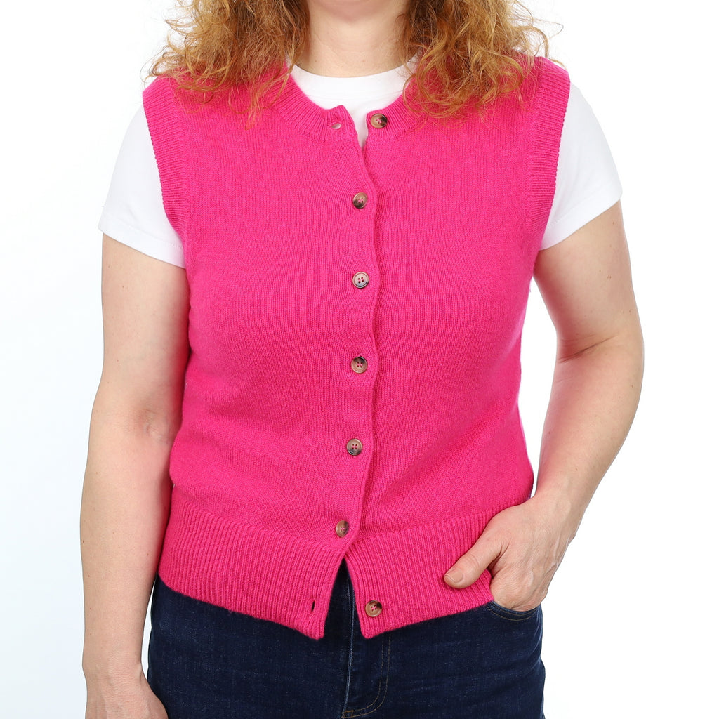 Brand New Hot Pink Luxury Cashmere Crew Neck Waistcoat Medium UK 12-14
