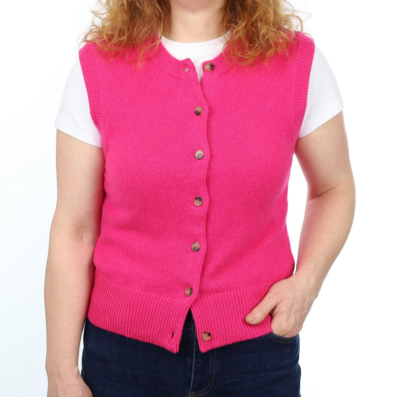 Brand New Hot Pink Luxury Cashmere Crew Neck Waistcoat Medium UK 12-14