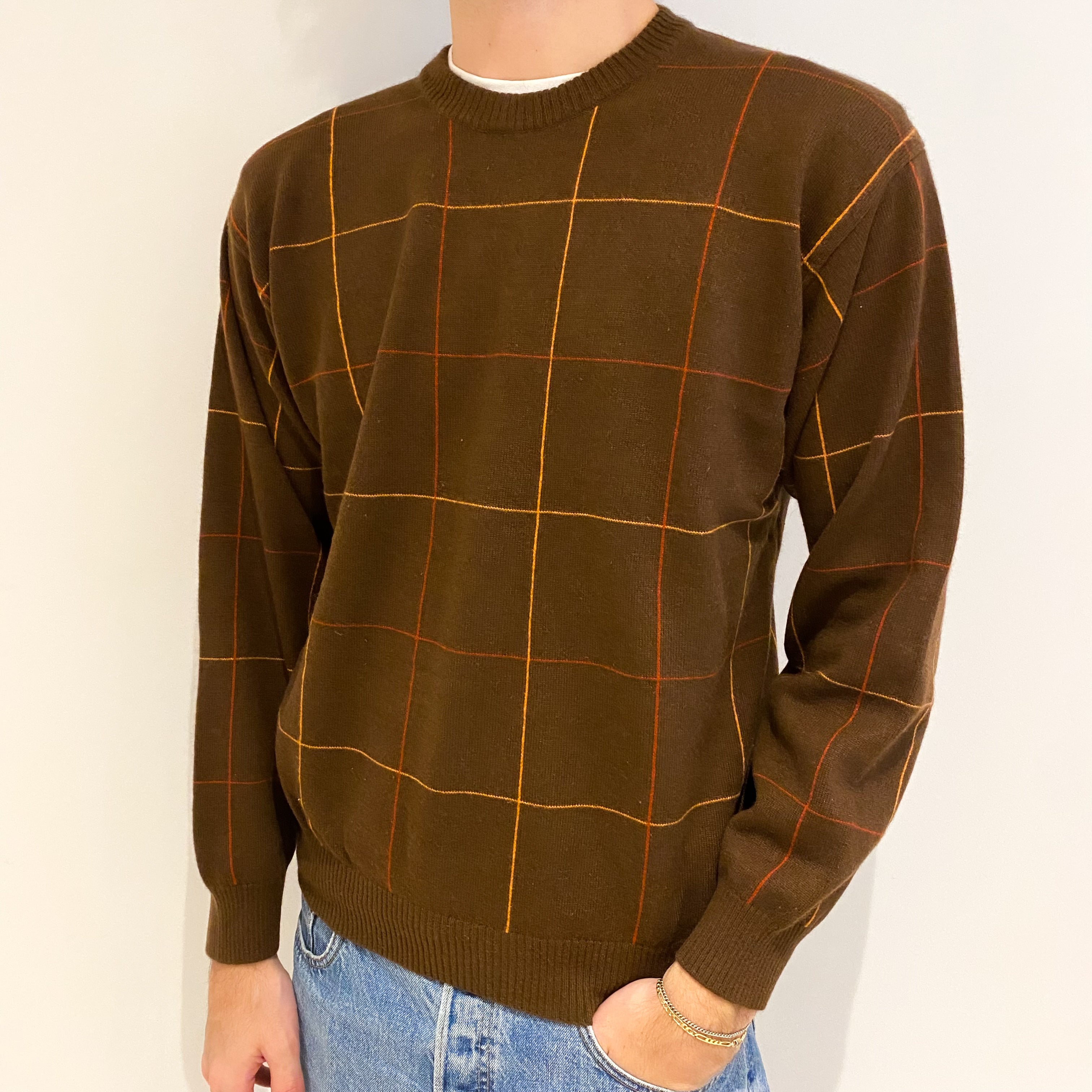 Men's Russet Brown Checked Cashmere Crew Neck Jumper Large