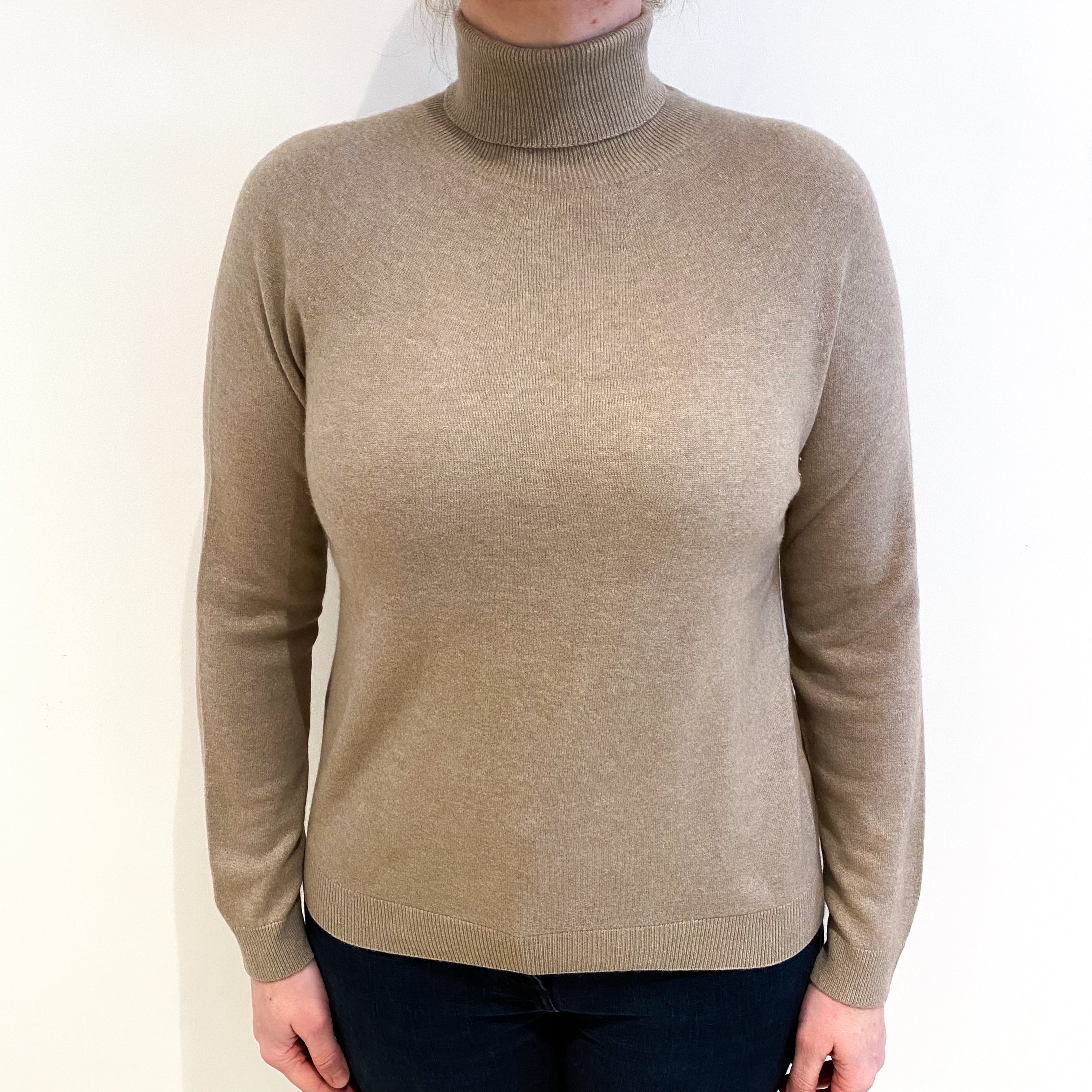 Biscuit Brown Cashmere Polo Neck Jumper Large