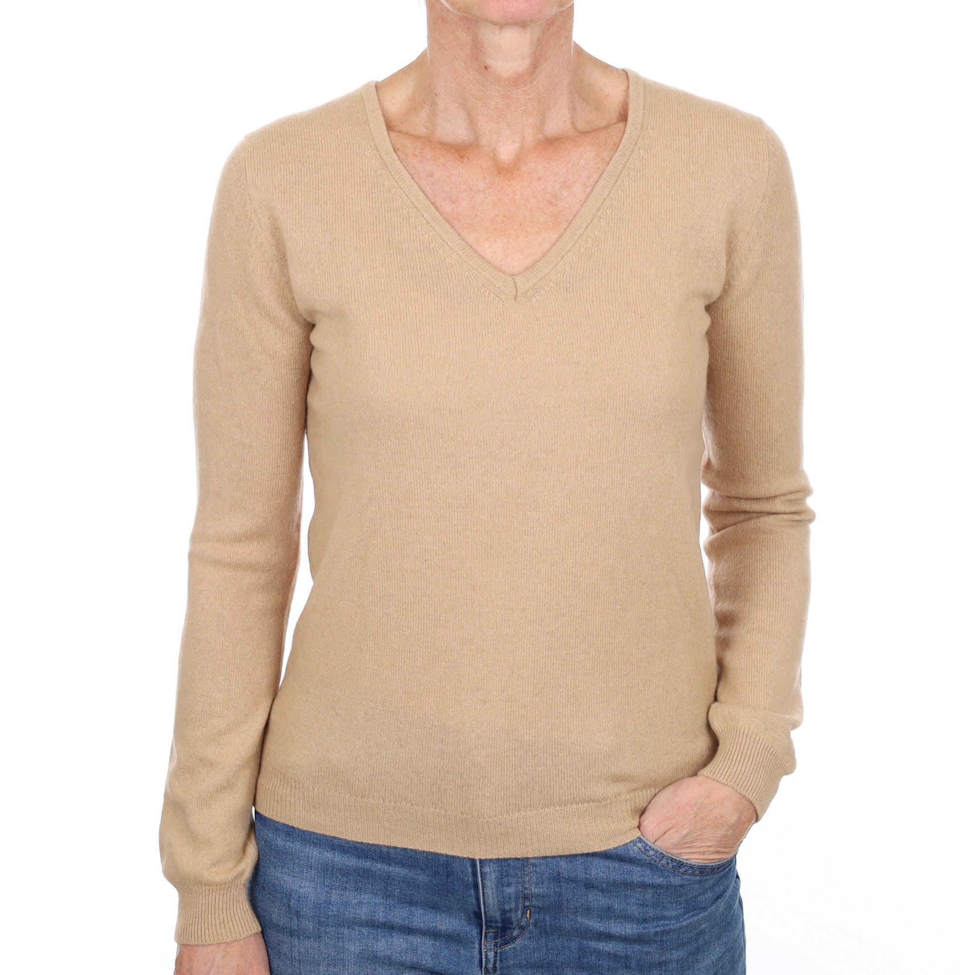 Nude Beige Cashmere V Neck Jumper Small