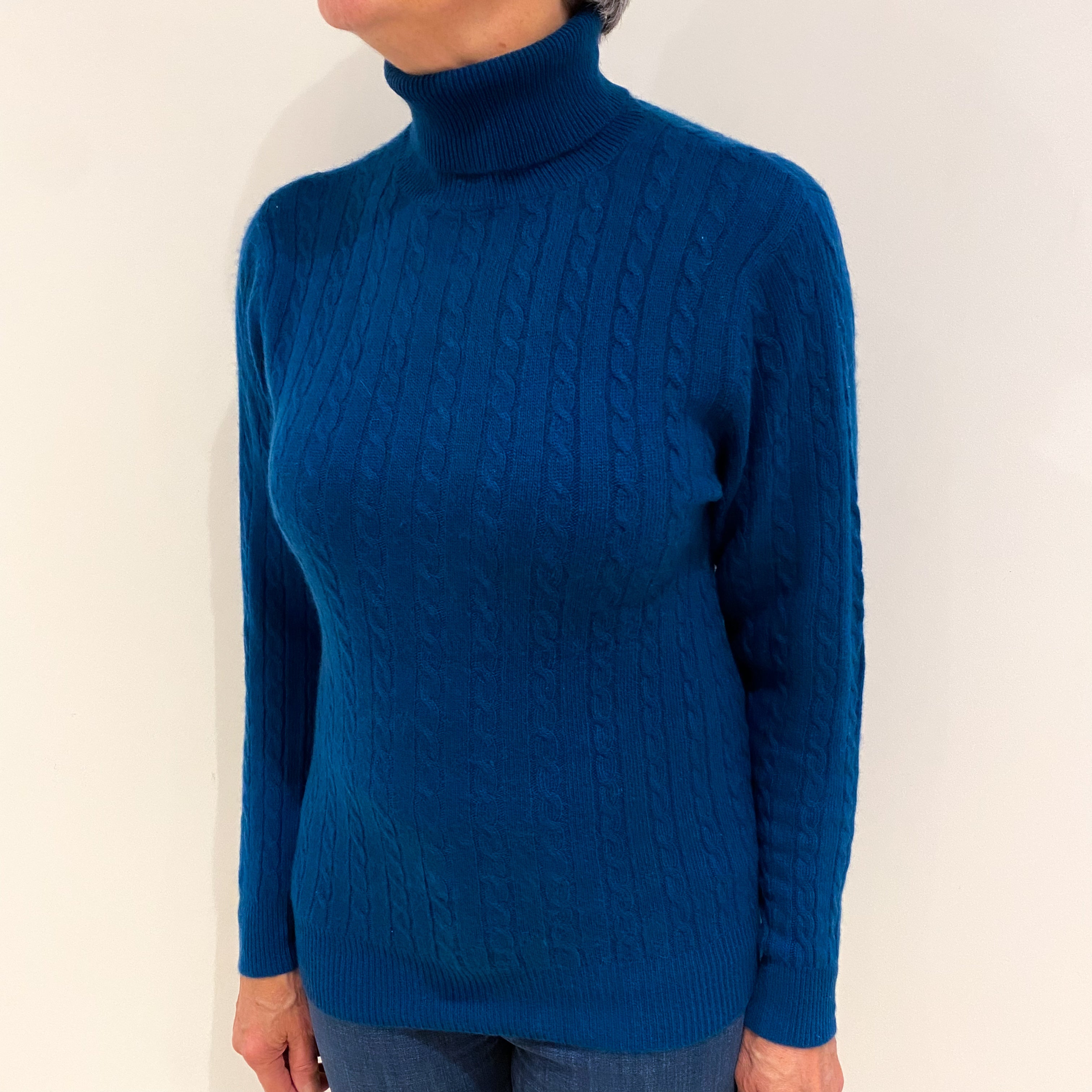 Peacock Blue Cable Cashmere Polo Neck Jumper Medium