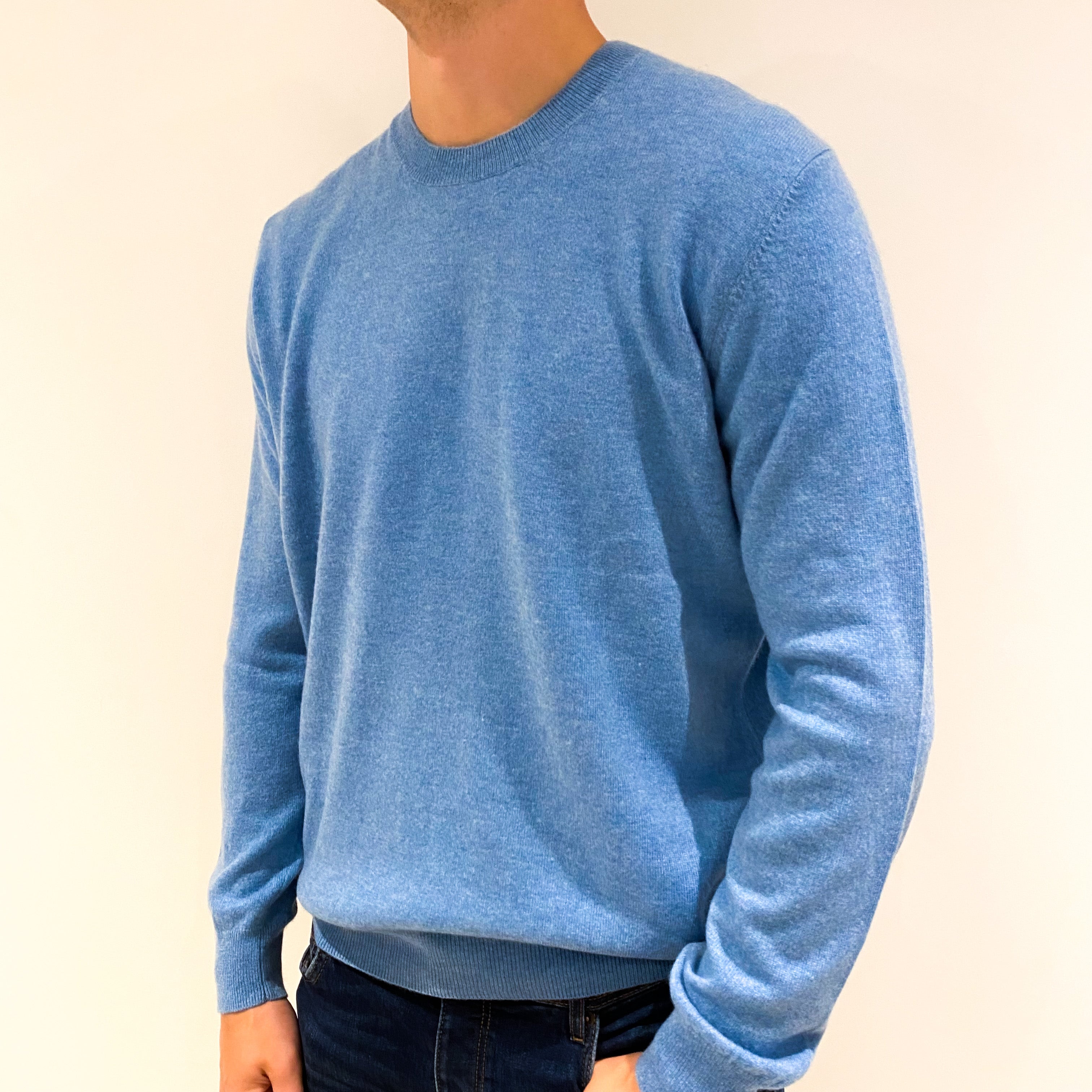 Men's Sky Blue Cashmere Crew Neck Jumper Extra Extra Large