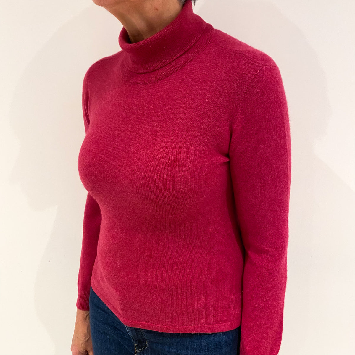 Raspberry Pink Cashmere Polo Neck Jumper Medium