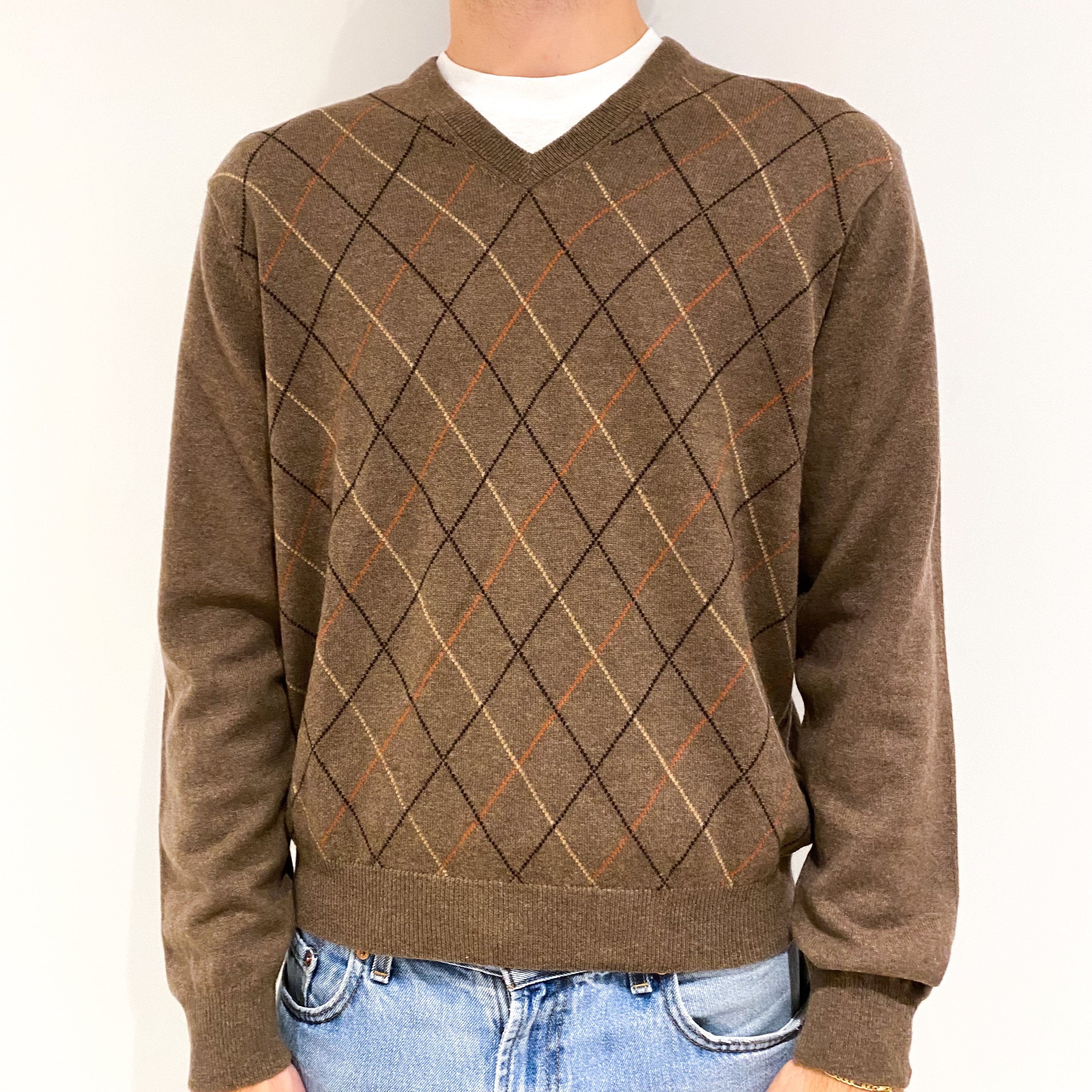 Men's Mocha Brown Diamond Pattern Cashmere V-Neck Jumper Large