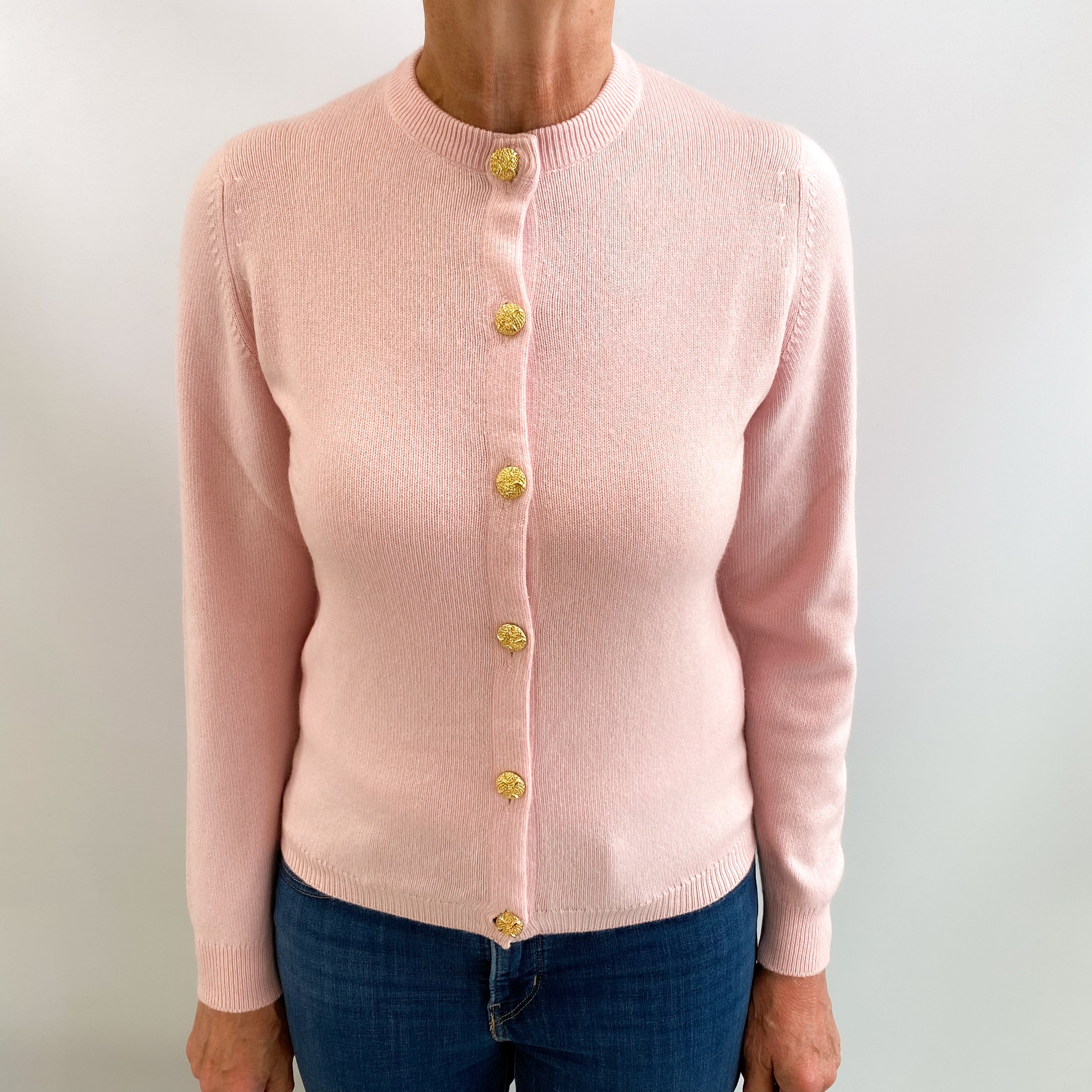 Vintage Scottish Shell Pink Cashmere Crew Neck Cardigan Medium