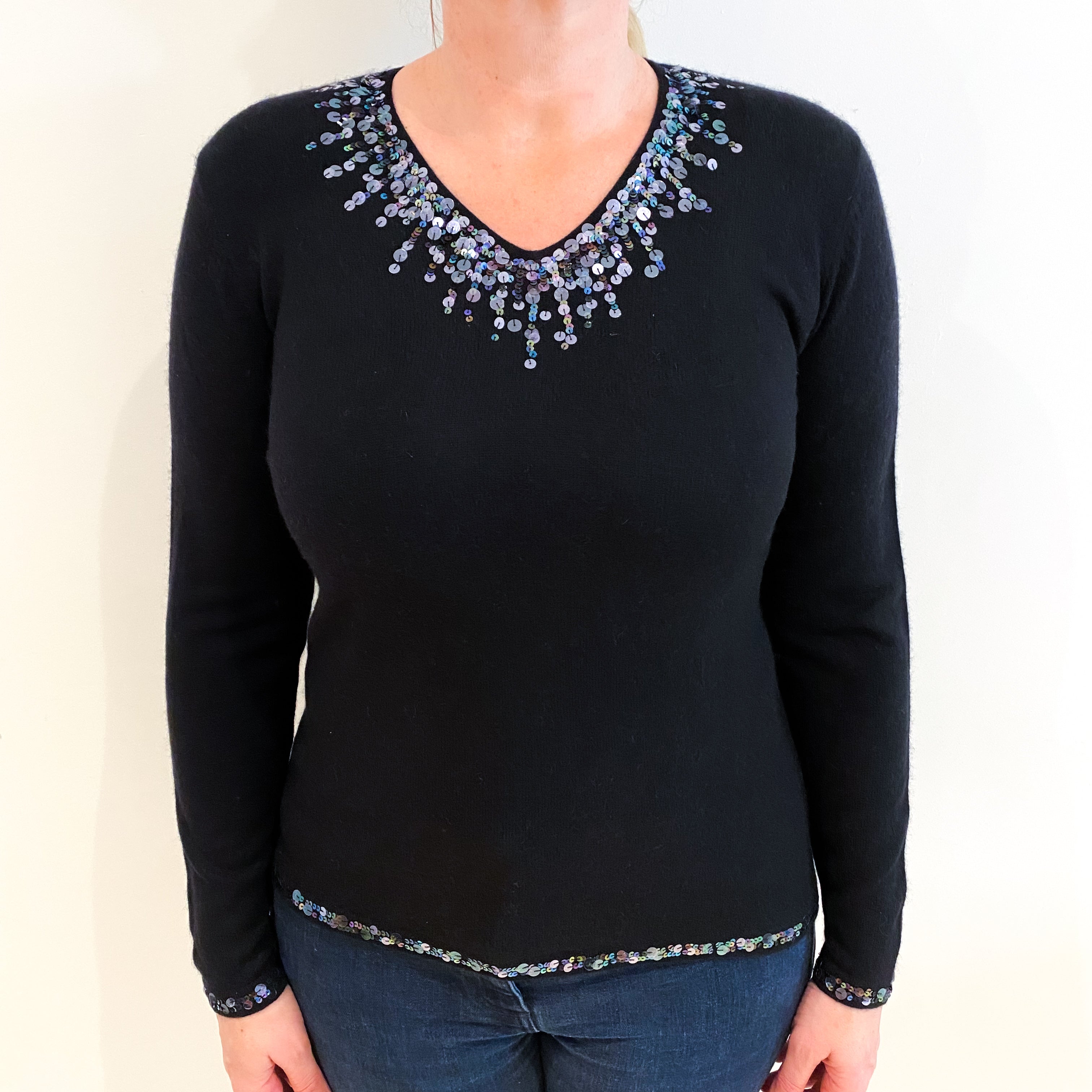 Black Sequinned Cashmere V Neck Jumper Large