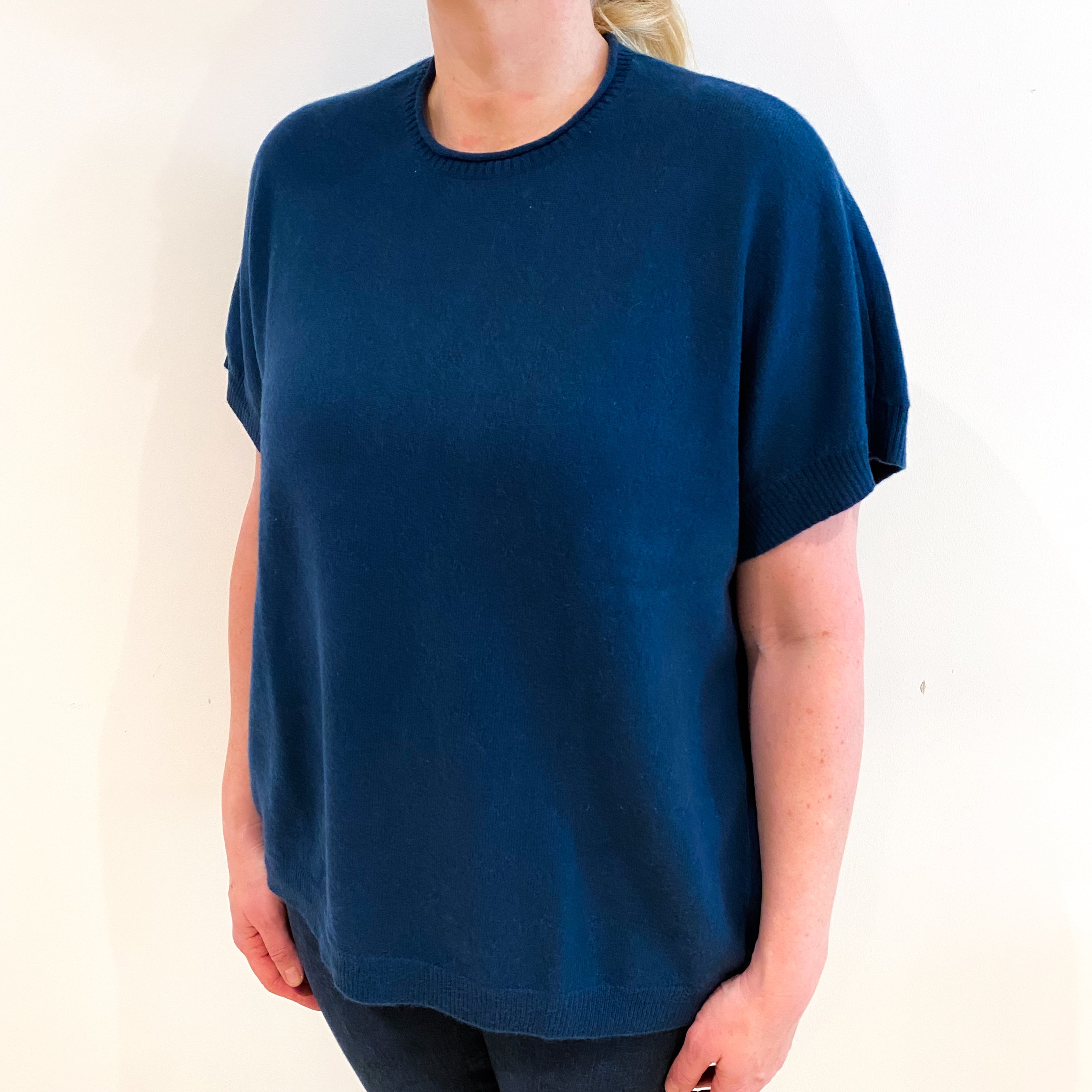 Naval Blue Cashmere Crew Neck Short Sleeved Jumper Large
