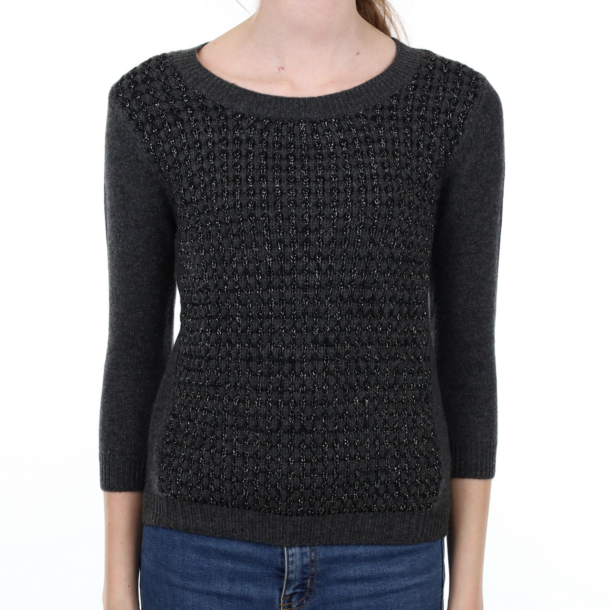 New Black and Grey Cashmere Crew Neck Jumper Extra Small