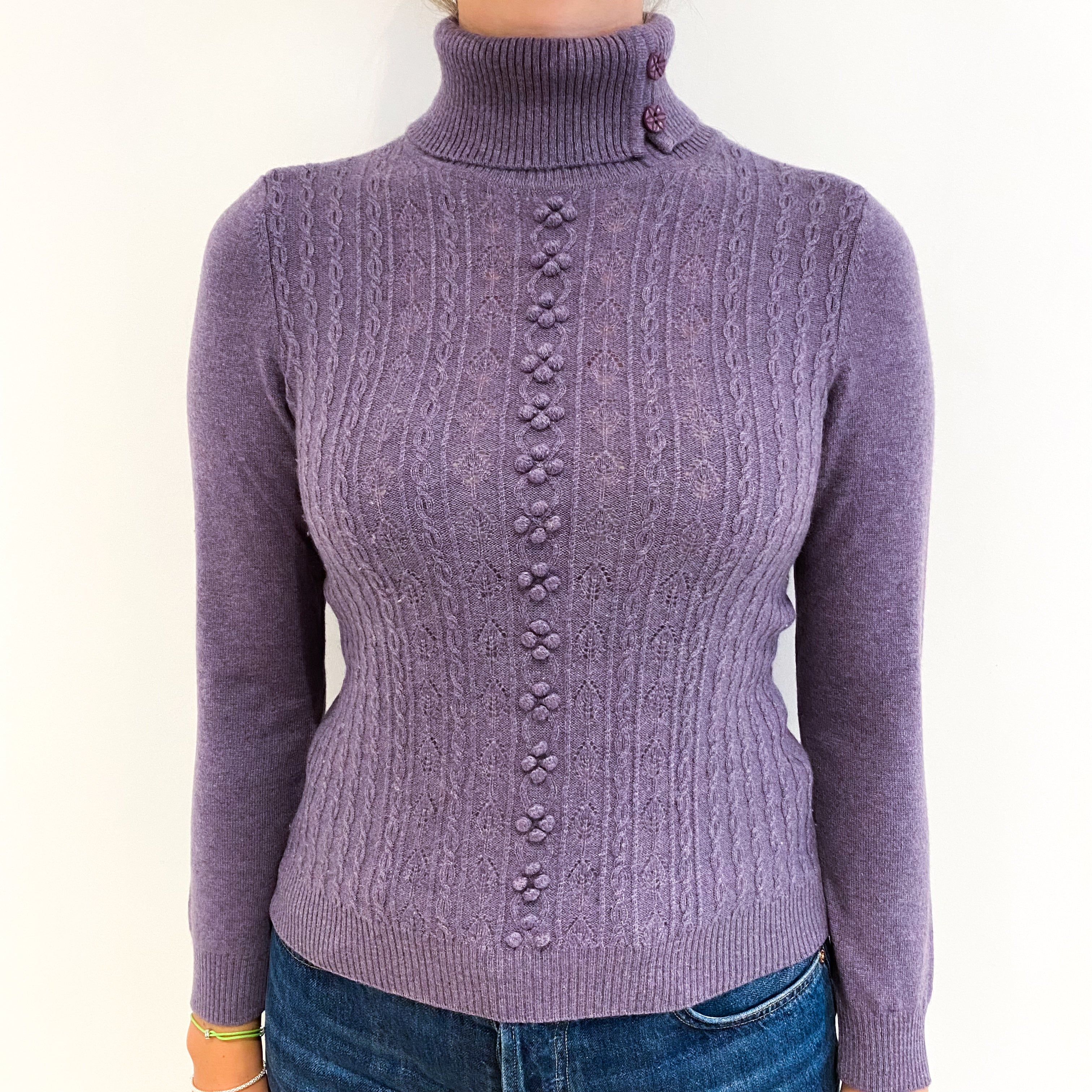 Dusky Purple Fancy Knit Cashmere Polo Neck Jumper Small