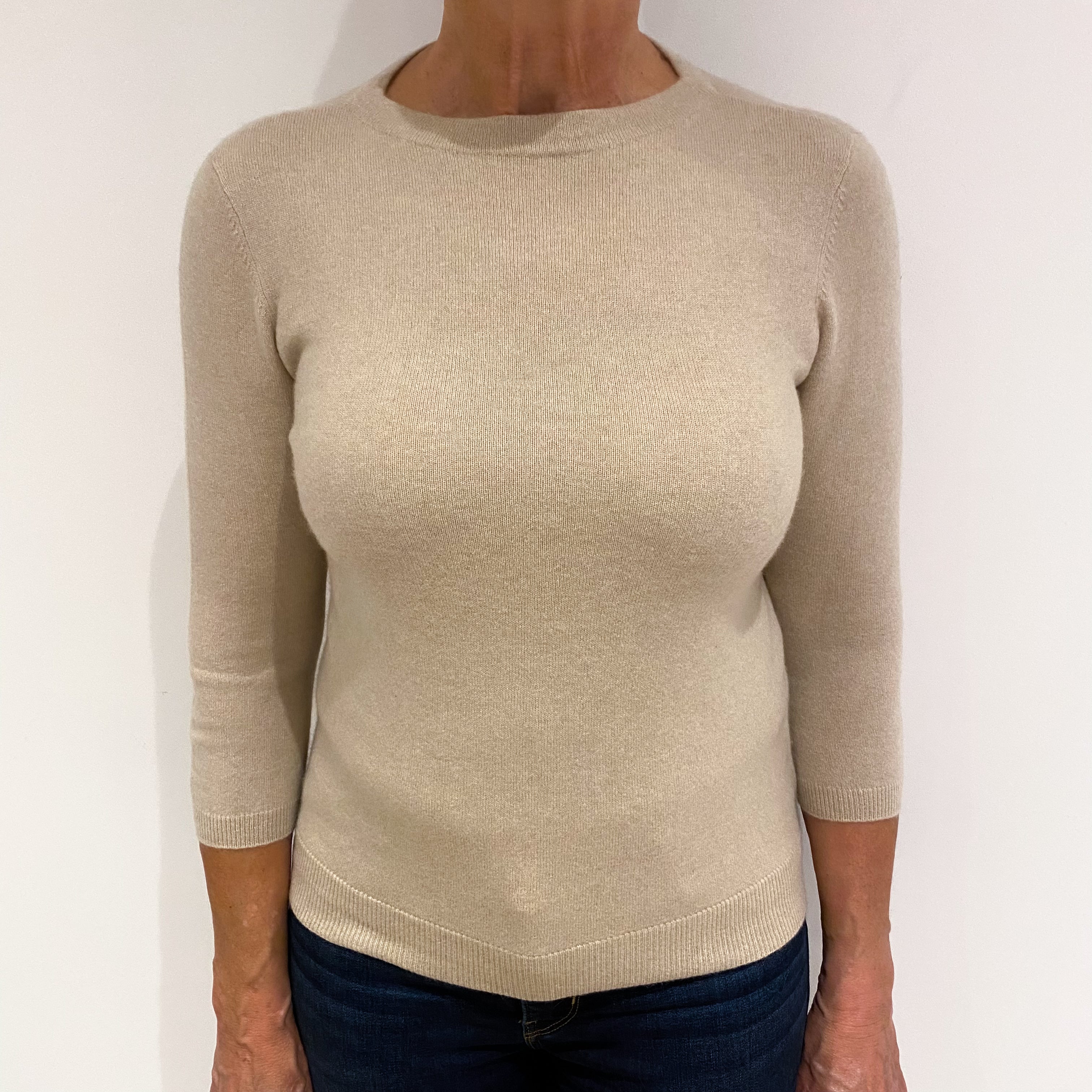 Soft Beige Cashmere High Crew Neck Jumper Medium