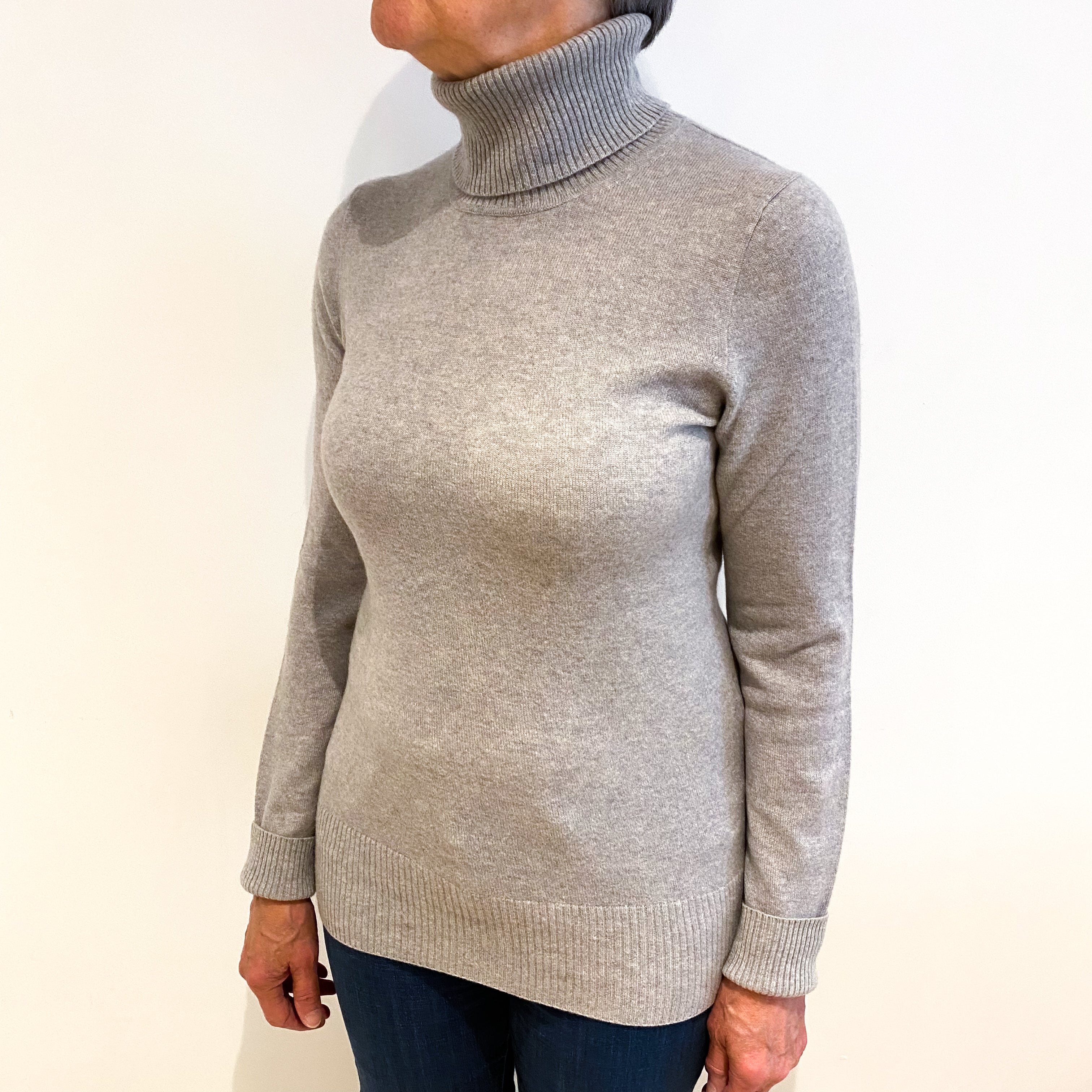 Silver Grey Cashmere Polo Neck Jumper Medium