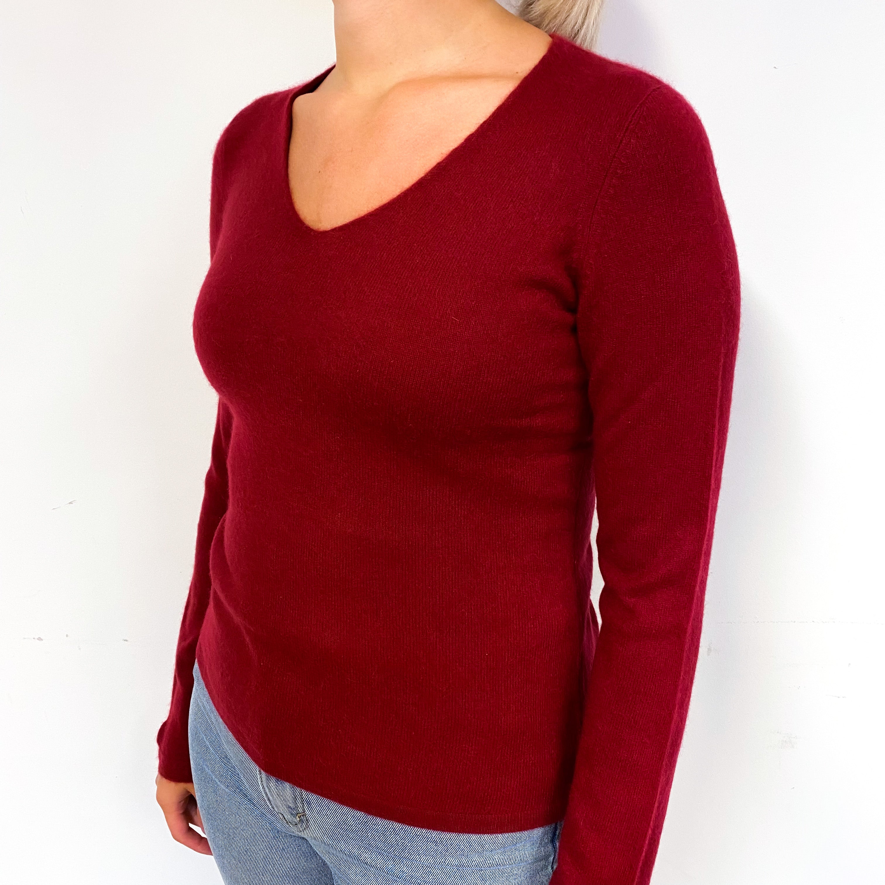 Burgundy Red Cashmere V-Neck Jumper Small
