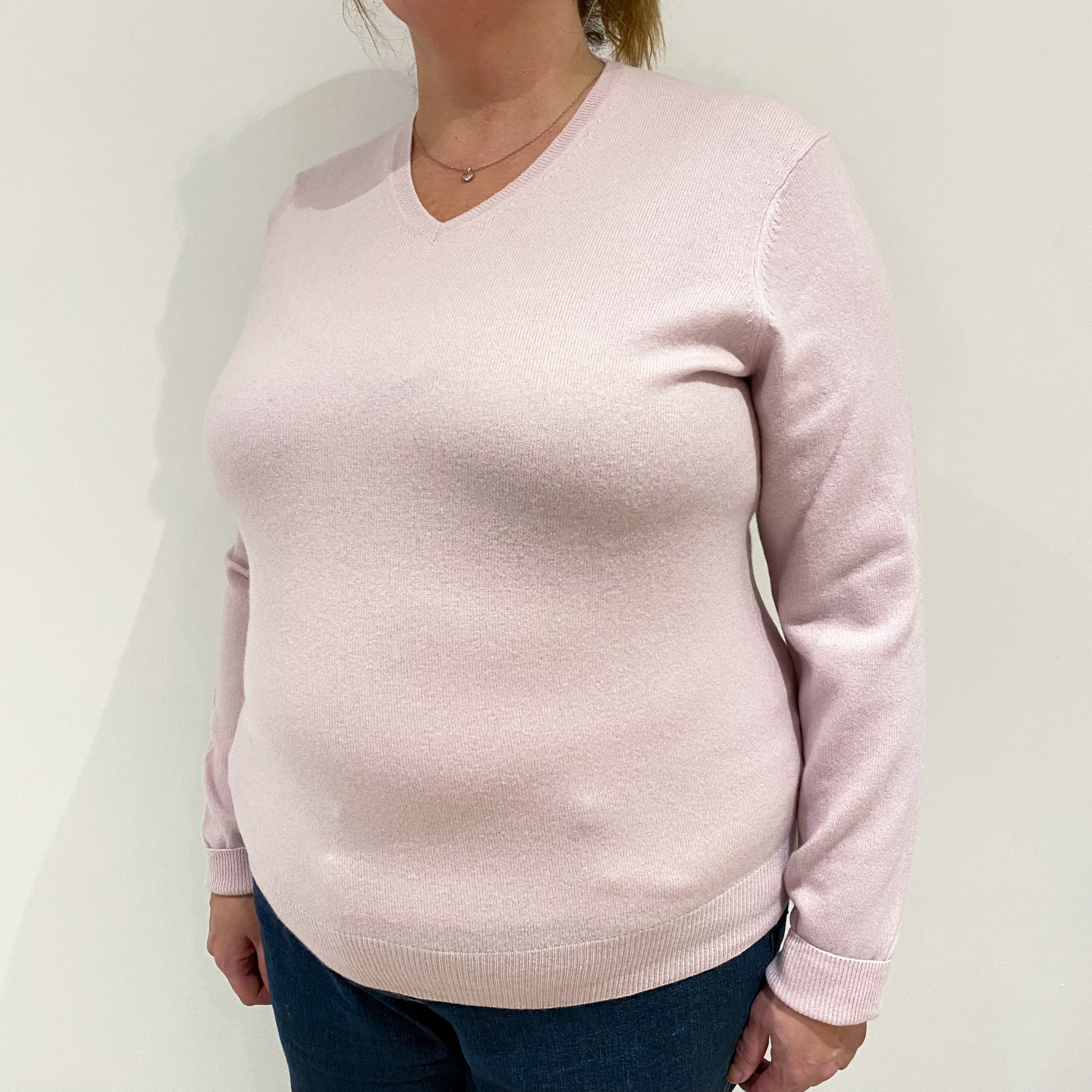 Pale Mauve Pink Cashmere V-Neck Jumper Extra Large