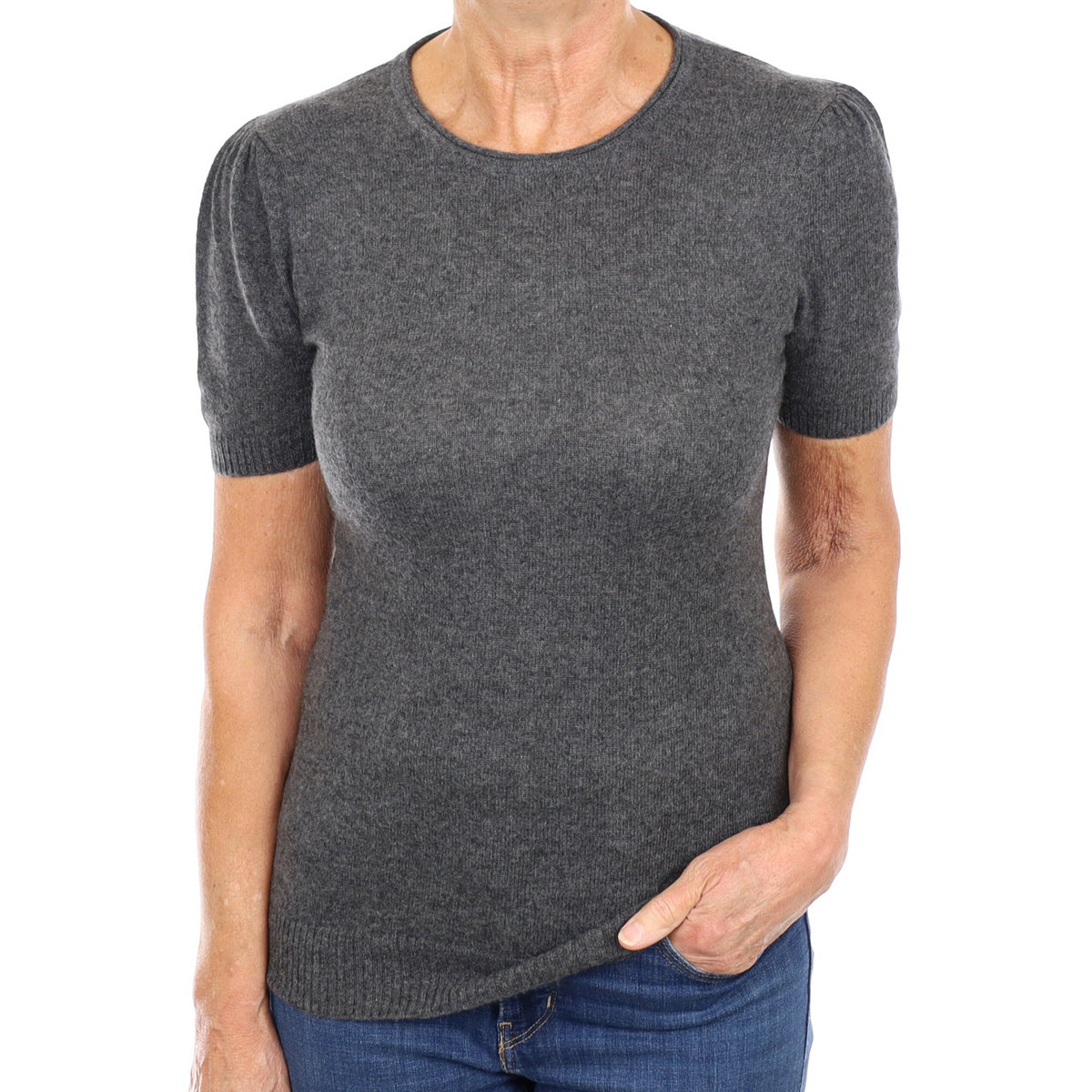 Slate Grey Cashmere Short Puff Sleeved Crew Neck Jumper Medium