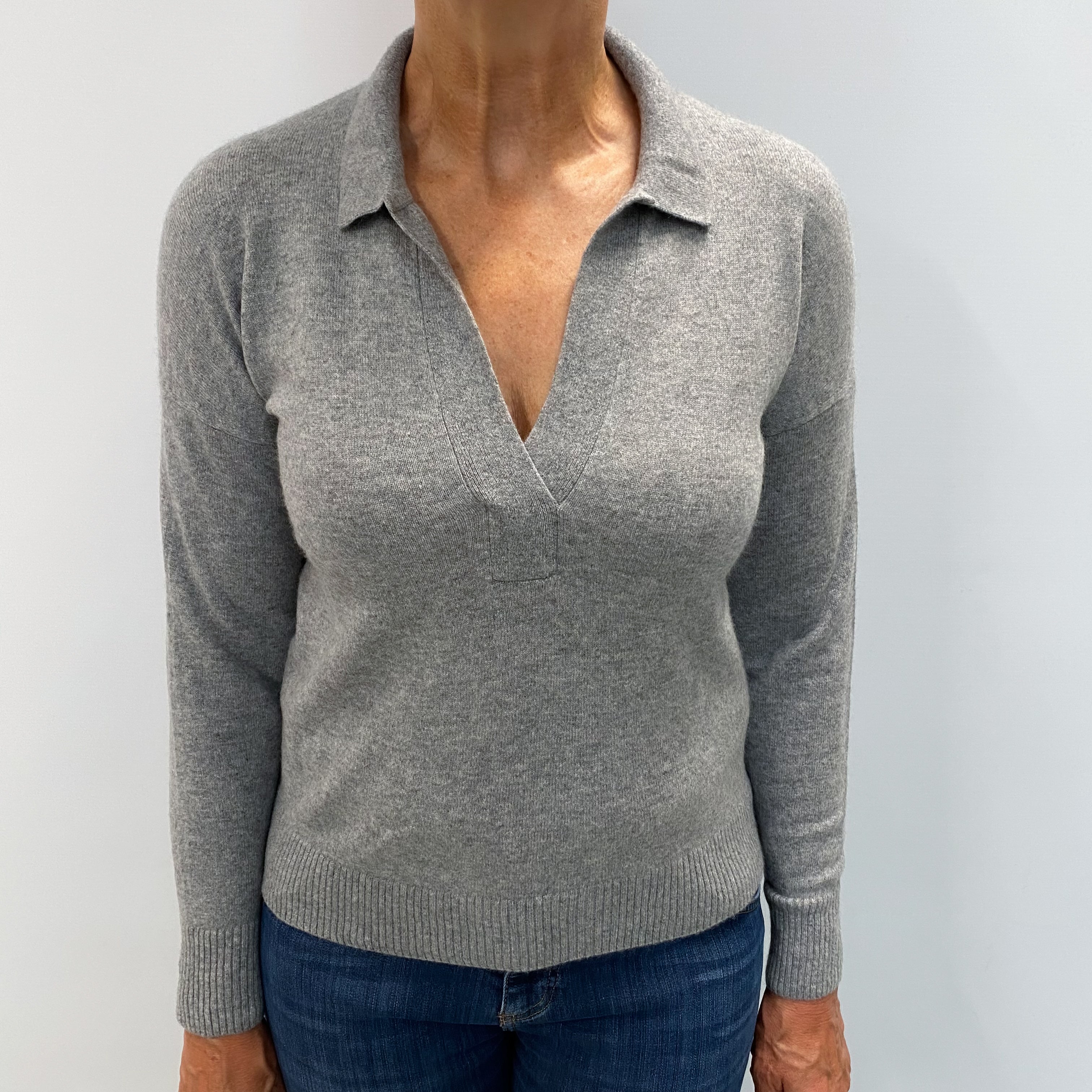 Smoke Grey Cashmere Collared V Neck Jumper Medium