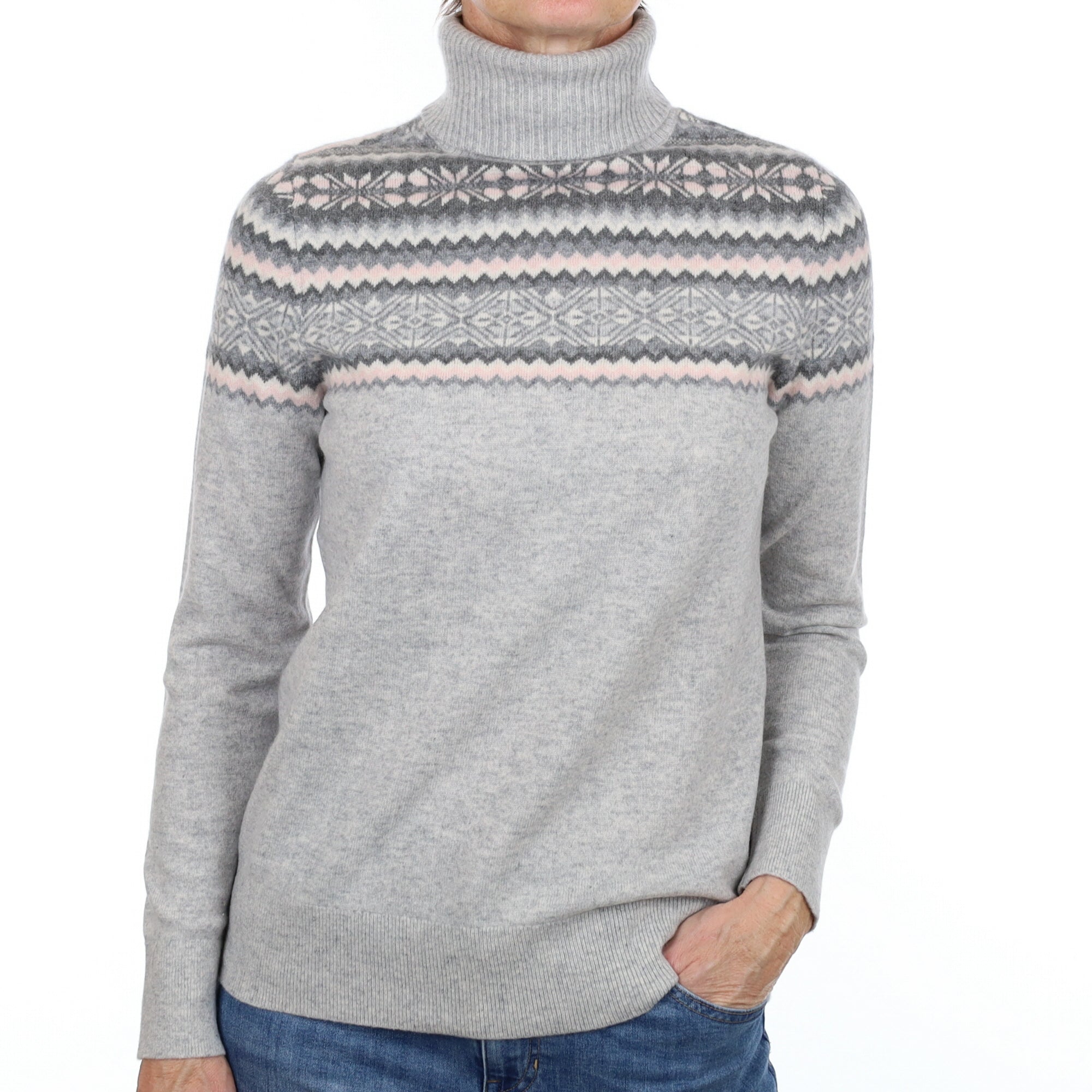 Smoke Grey Fair Isle Cashmere Polo Neck Jumper Small
