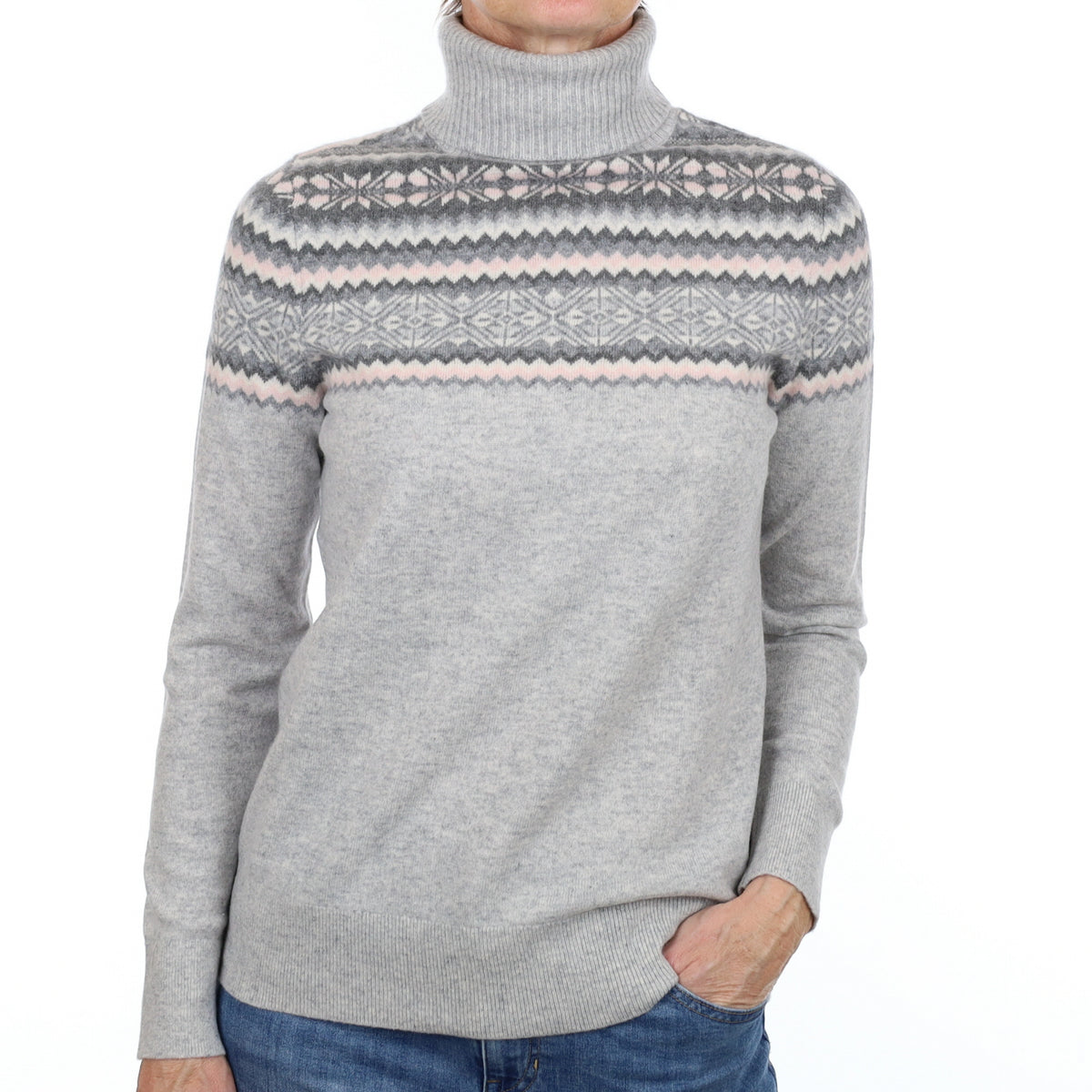 Smoke Grey Fair Isle Cashmere Polo Neck Jumper Small