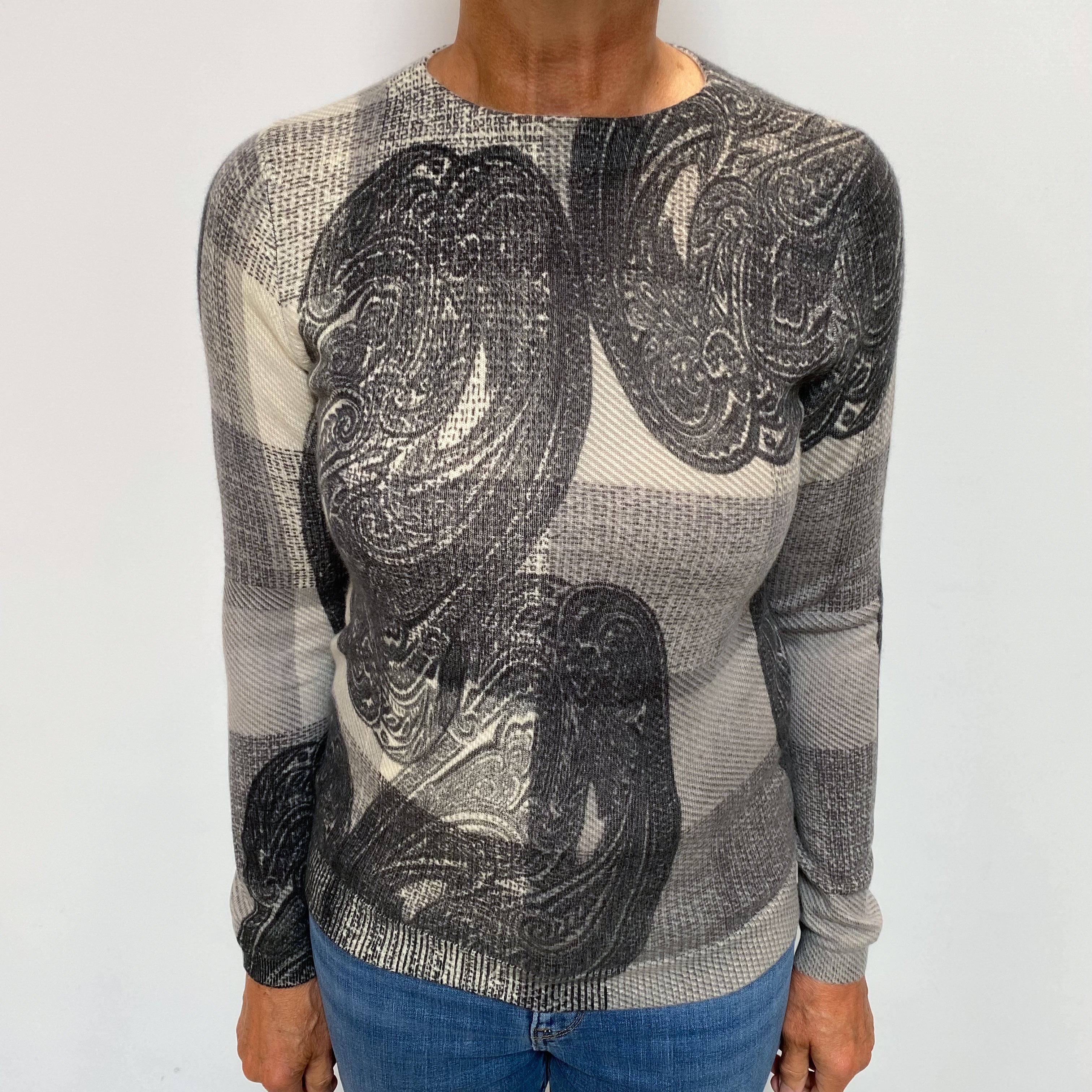 Grey Paisley Check Cashmere Crew Neck Jumper Medium