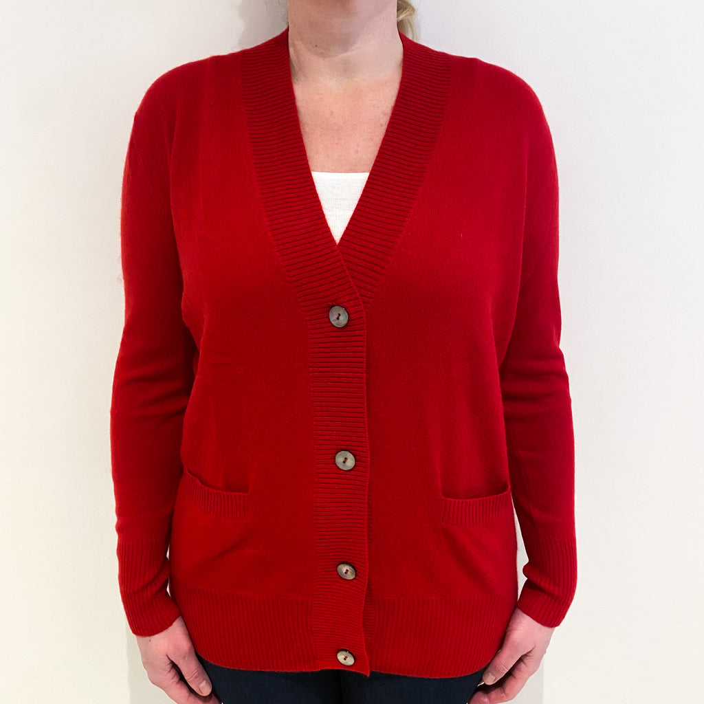 Scarlet Red Cashmere V Neck Cardigan with Pockets Large