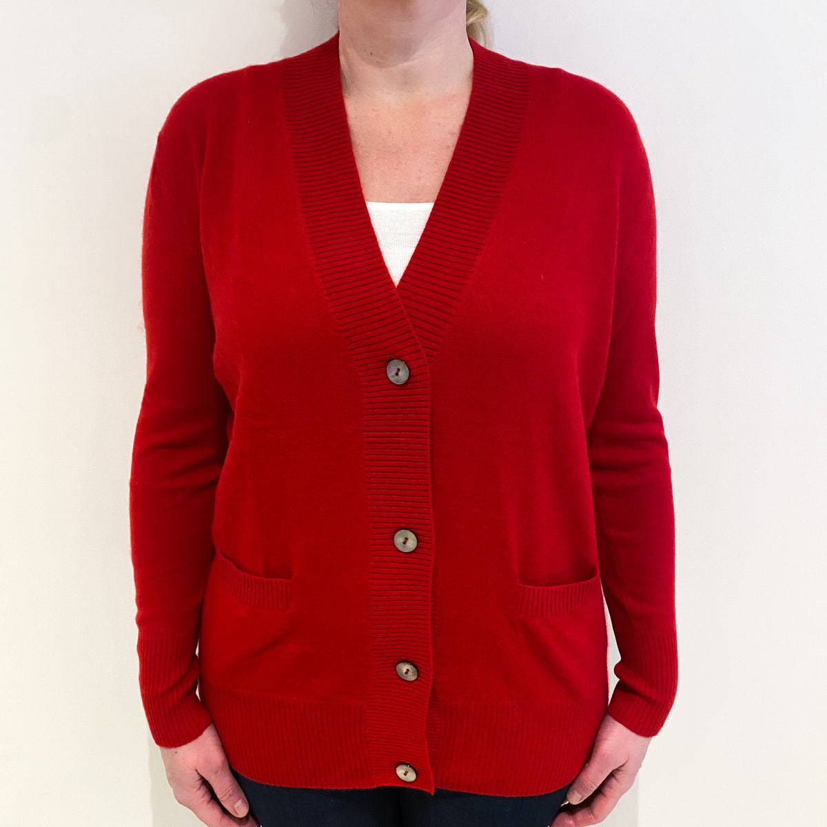 Scarlet Red Cashmere V Neck Cardigan with Pockets Large
