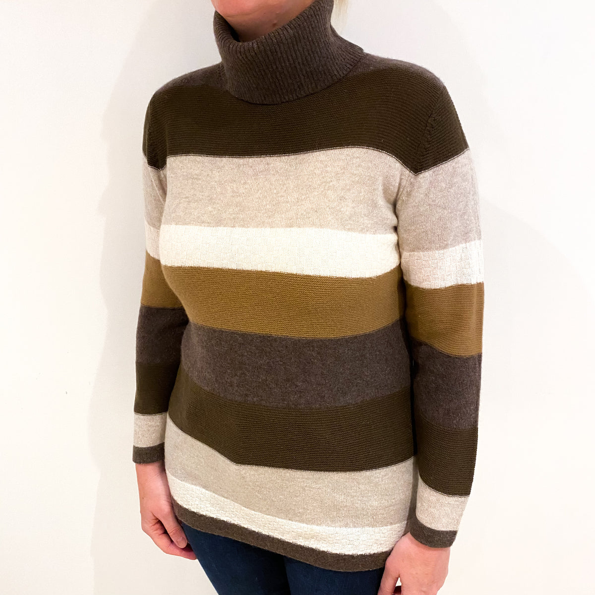 Brown Stripe Cashmere Polo Neck Jumper Large