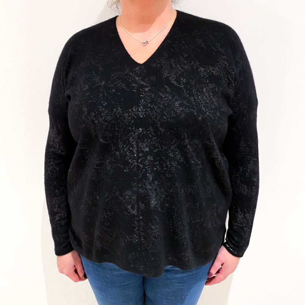 Black Metallic Patterned Cashmere V Neck Jumper Extra Large