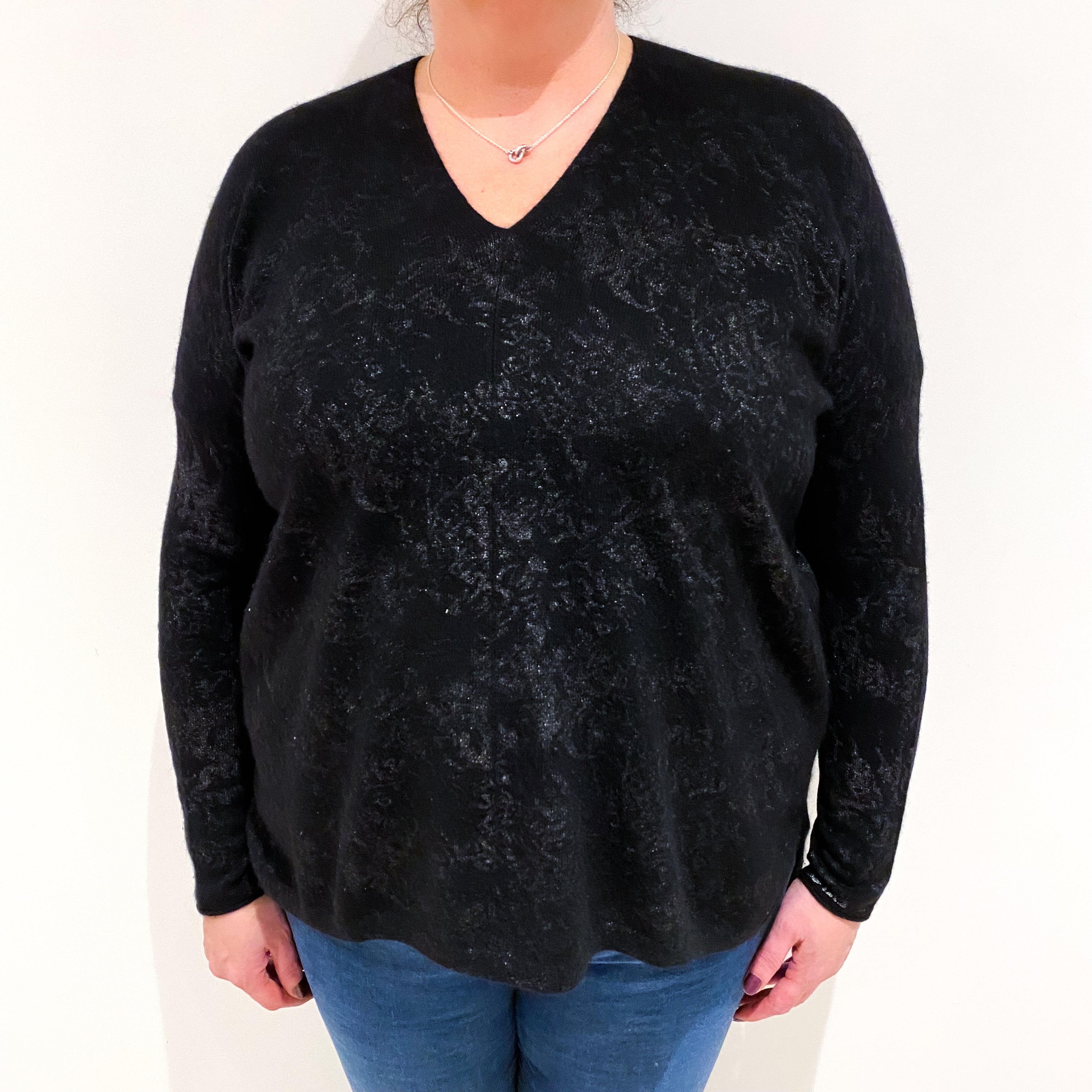 Black Metallic Patterned Cashmere V Neck Jumper Extra Large