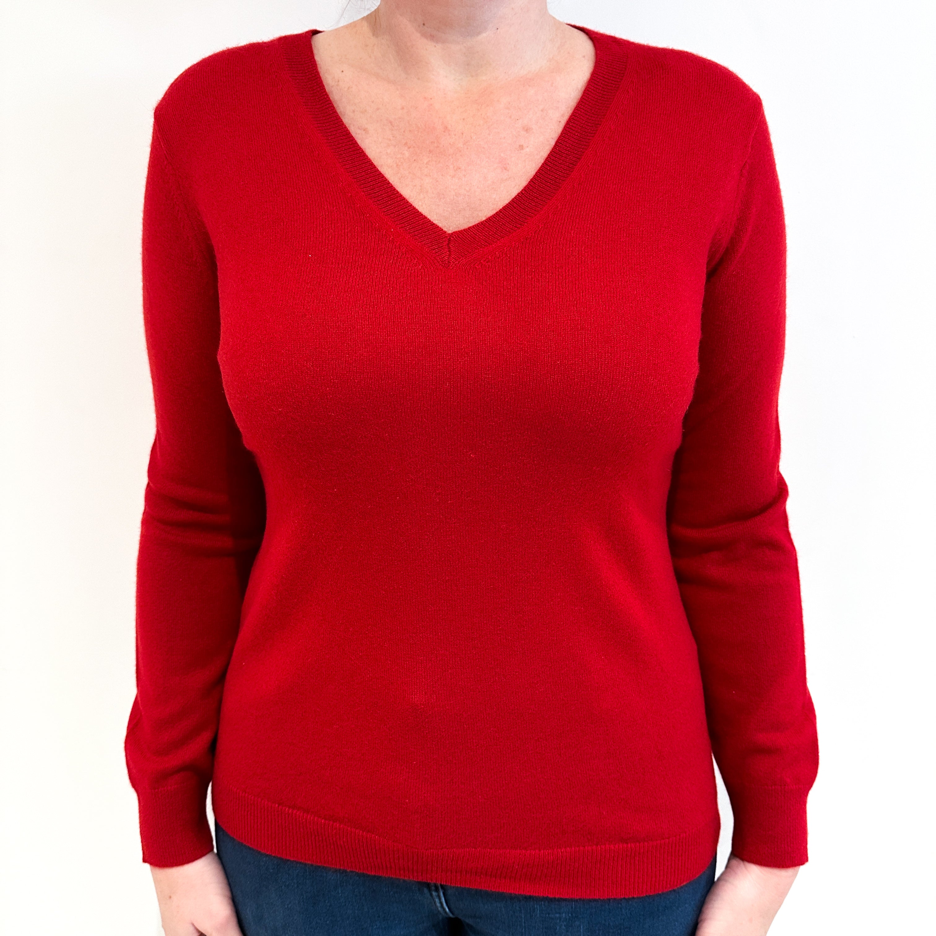 Post Box Red Cashmere V Neck Jumper Large