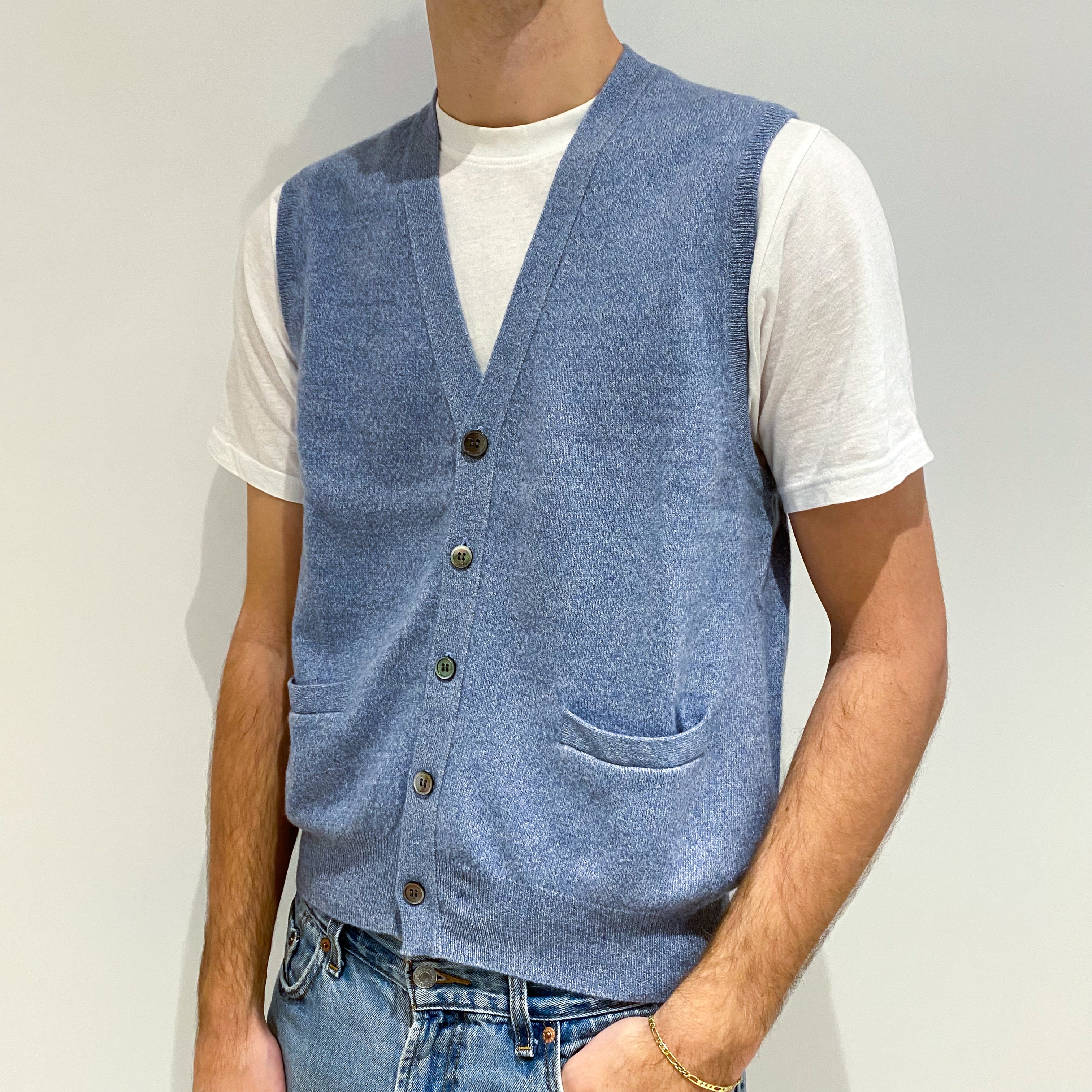 Men's Pale Denim Blue Cashmere V-Neck Waist Coat Large