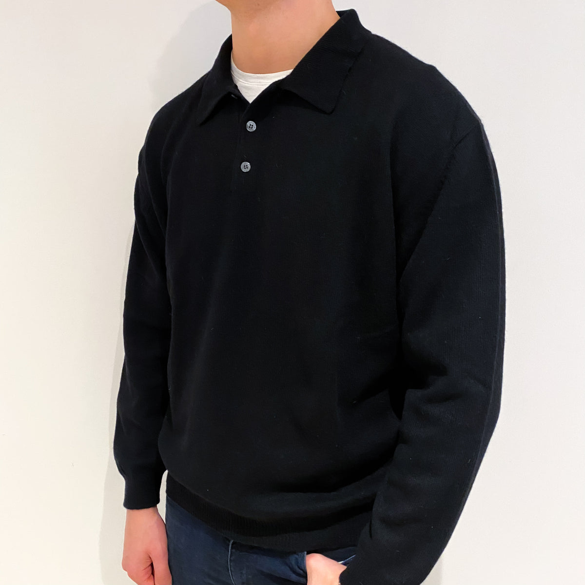 Men's Black Cashmere Collared V Neck Jumper XL