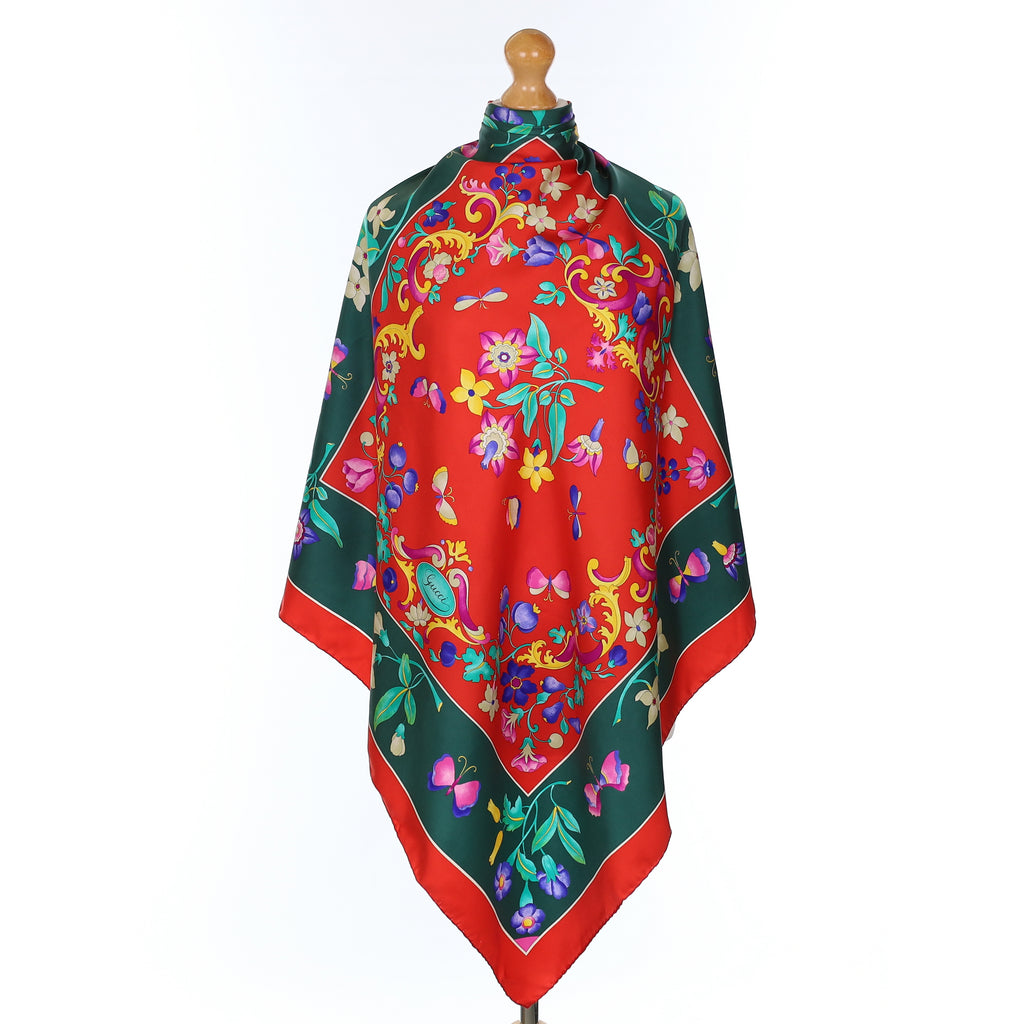 Brand New Gucci Red and Green Floral Silk Scarf