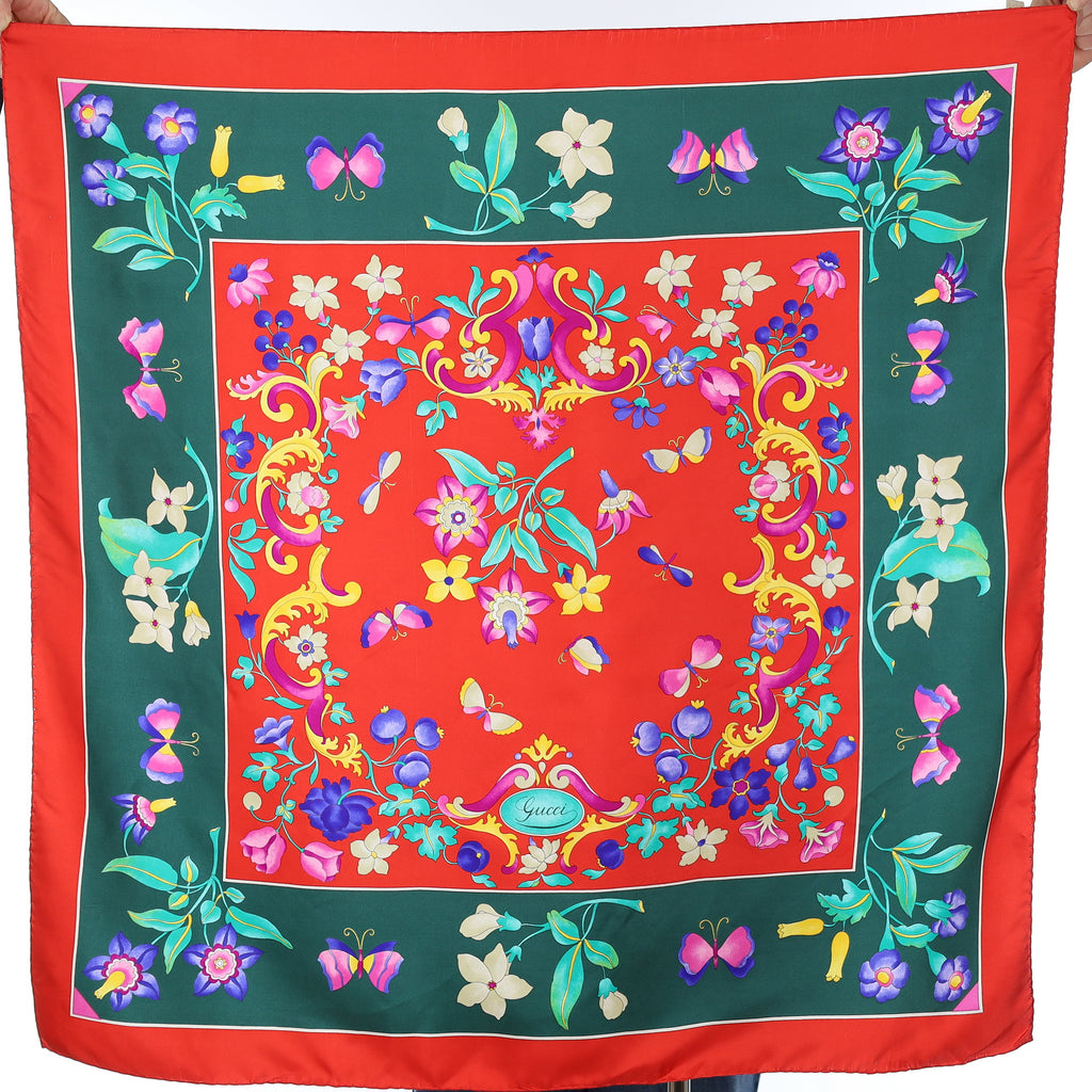 Brand New Gucci Red and Green Floral Silk Scarf