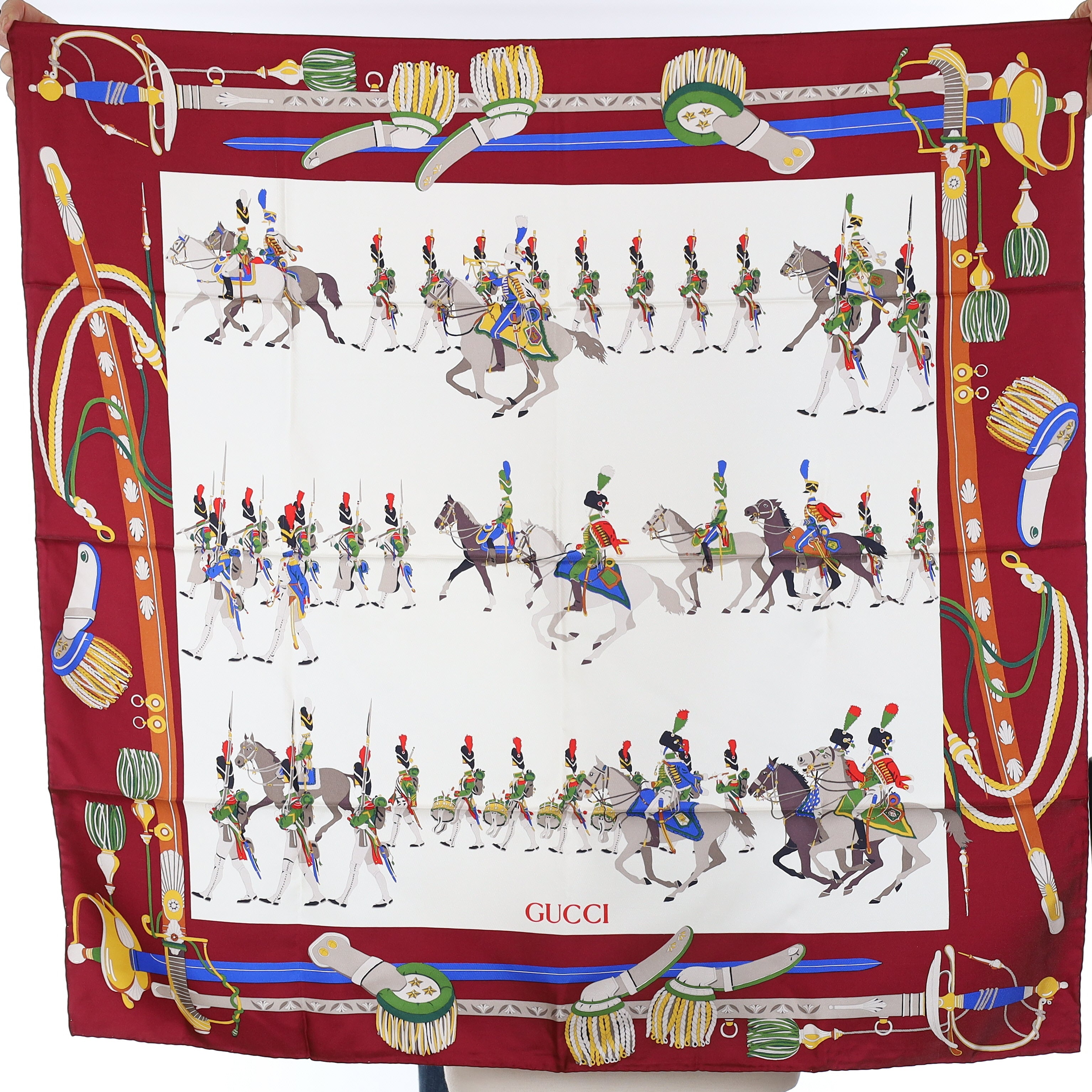 Brand New Gucci Cavalry Burgundy Vintage Silk Scarf