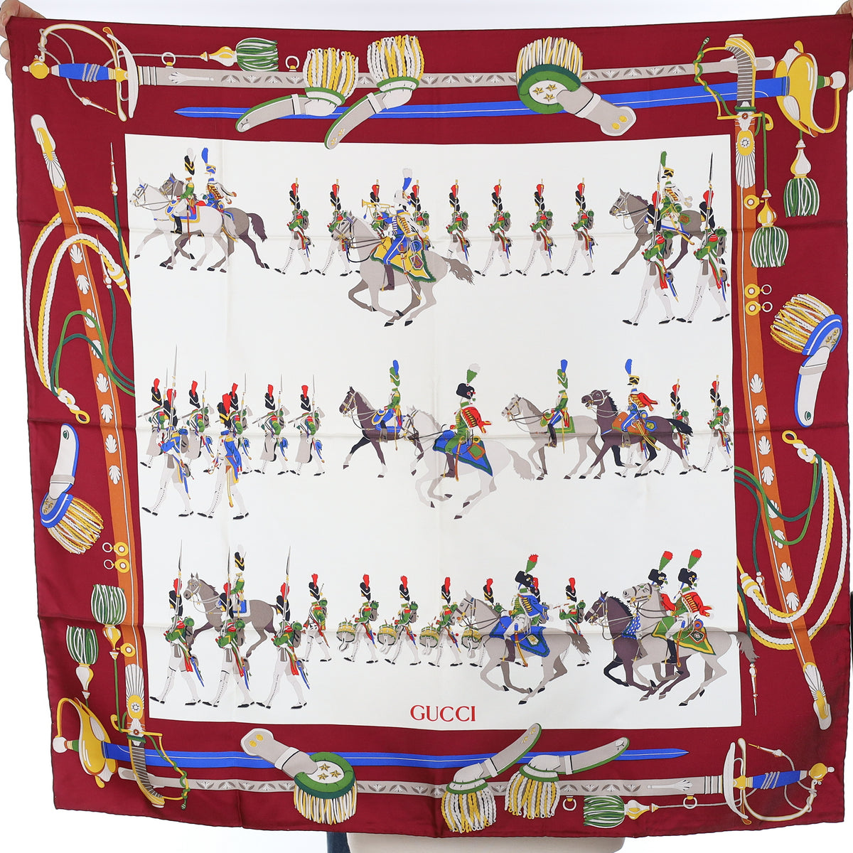 Brand New Gucci Cavalry Burgundy Vintage Silk Scarf