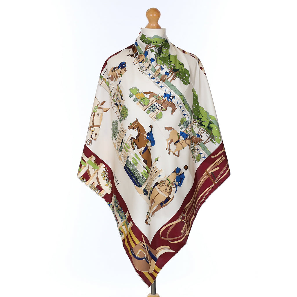 Brand New Gucci Equestrian Show Burgundy Vintage Silk Scarf
