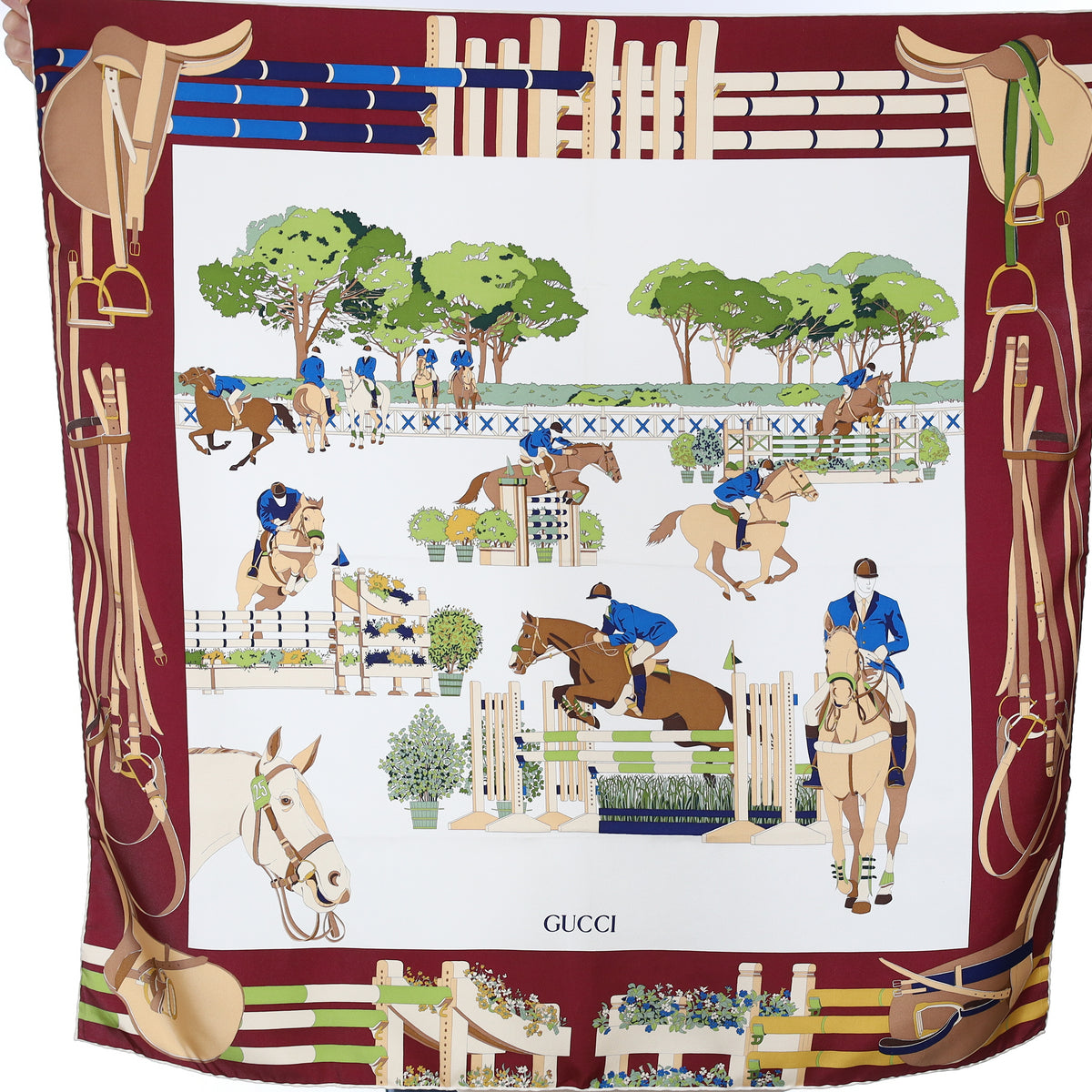 Brand New Gucci Equestrian Show Burgundy Vintage Silk Scarf