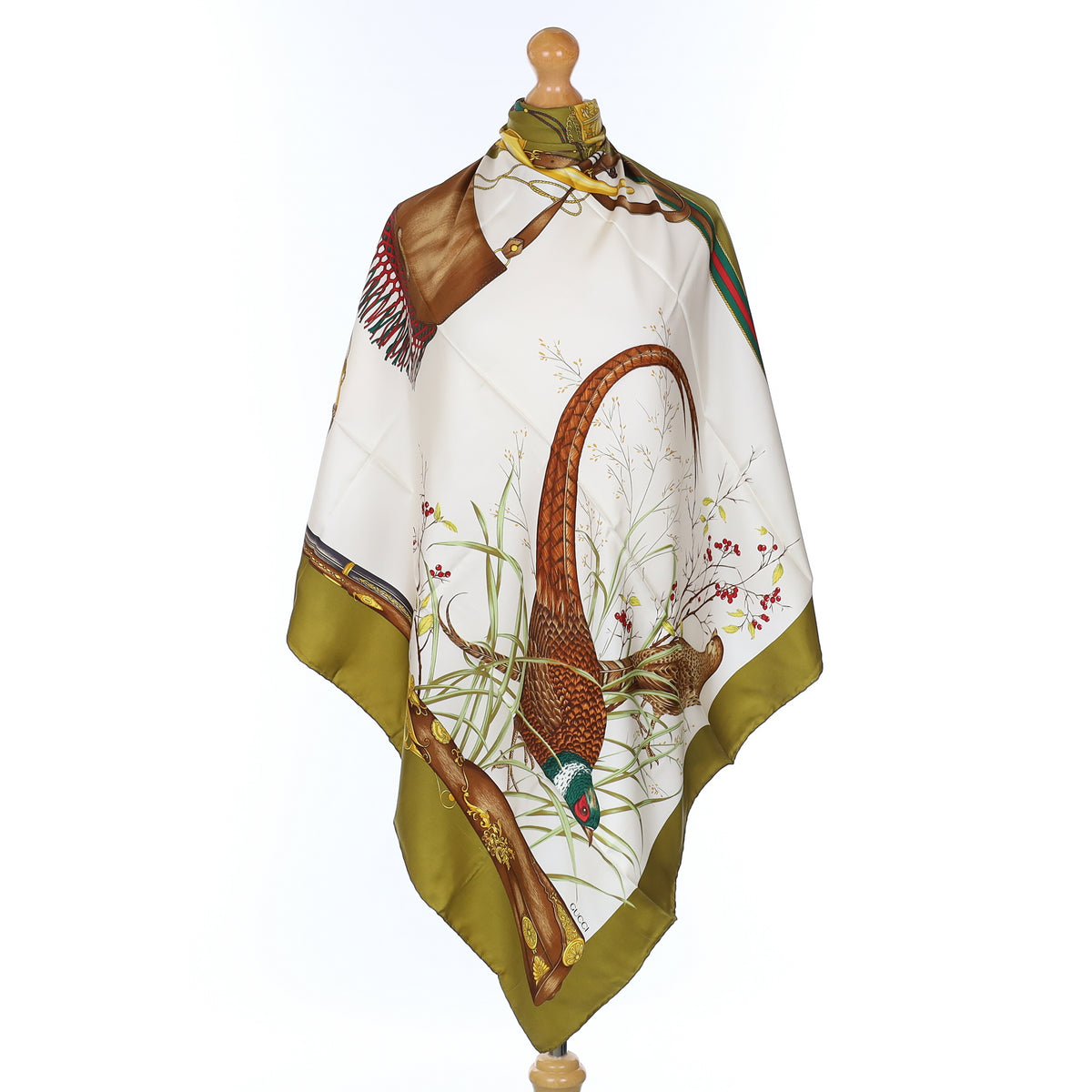 Brand New Gucci Olive Green Pheasant Hunt Vintage Silk Scarf