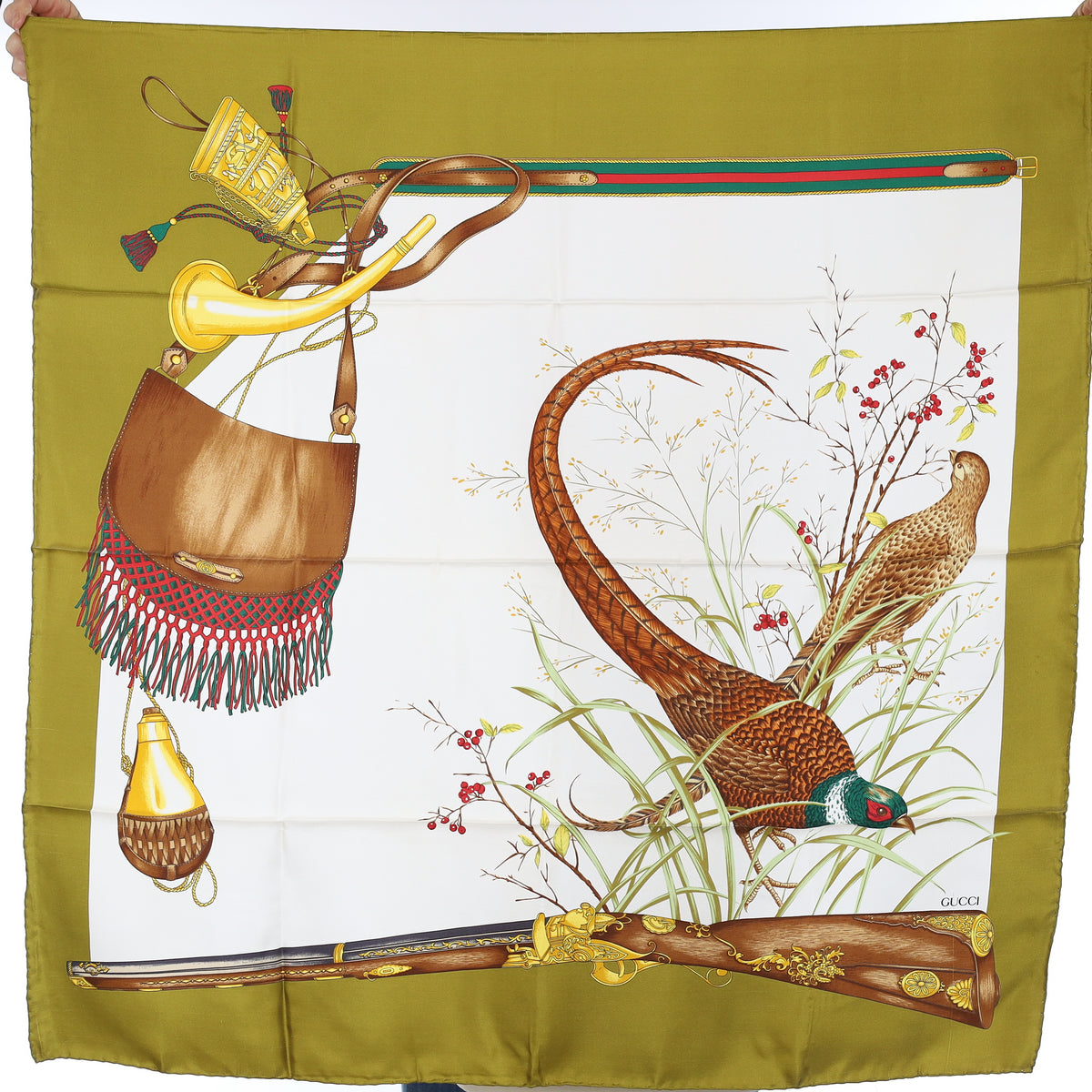 Brand New Gucci Olive Green Pheasant Hunt Vintage Silk Scarf