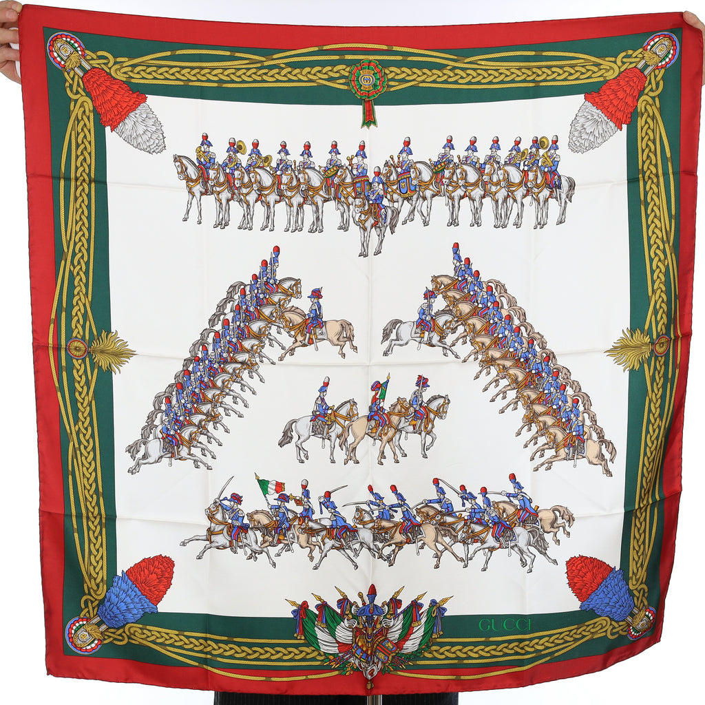 Brand New Gucci Equestrian Red and Green Vintage Silk Scarf
