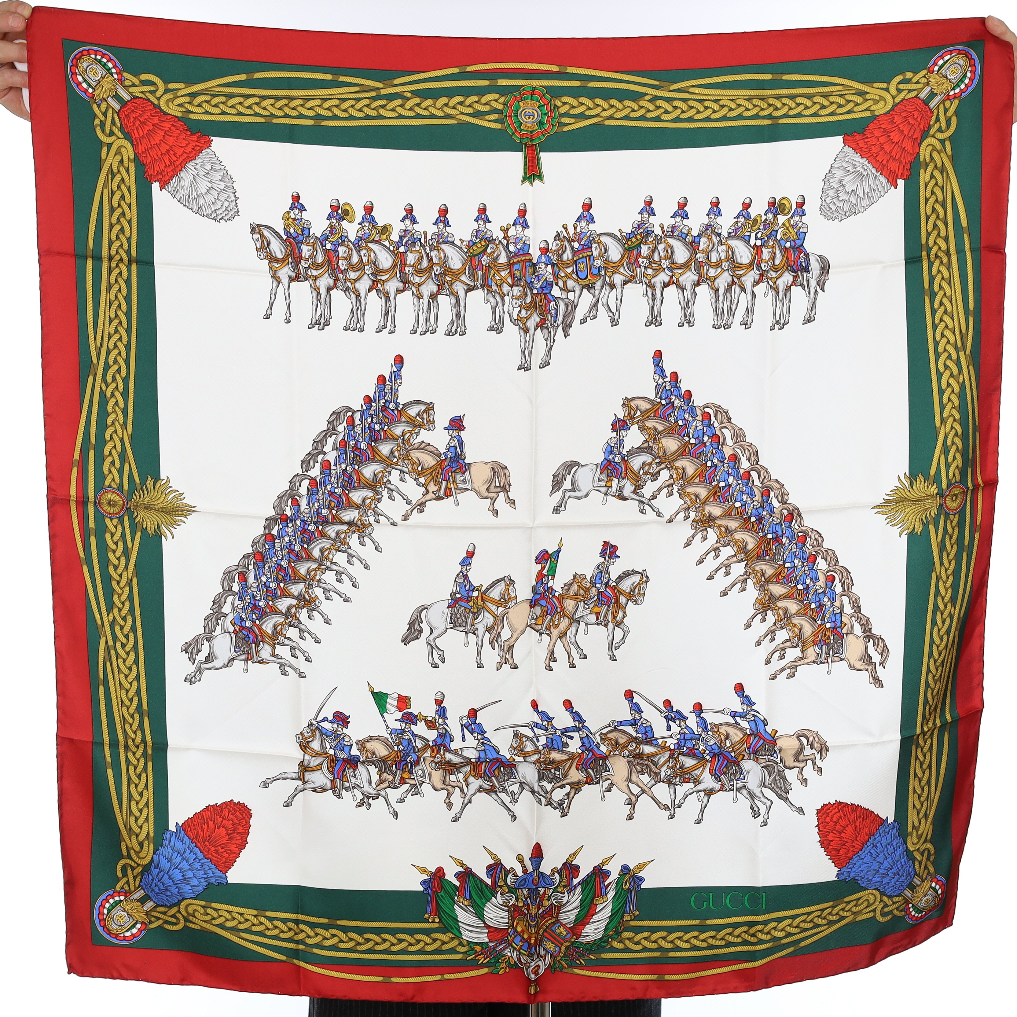 Brand New Gucci Equestrian Red and Green Vintage Silk Scarf