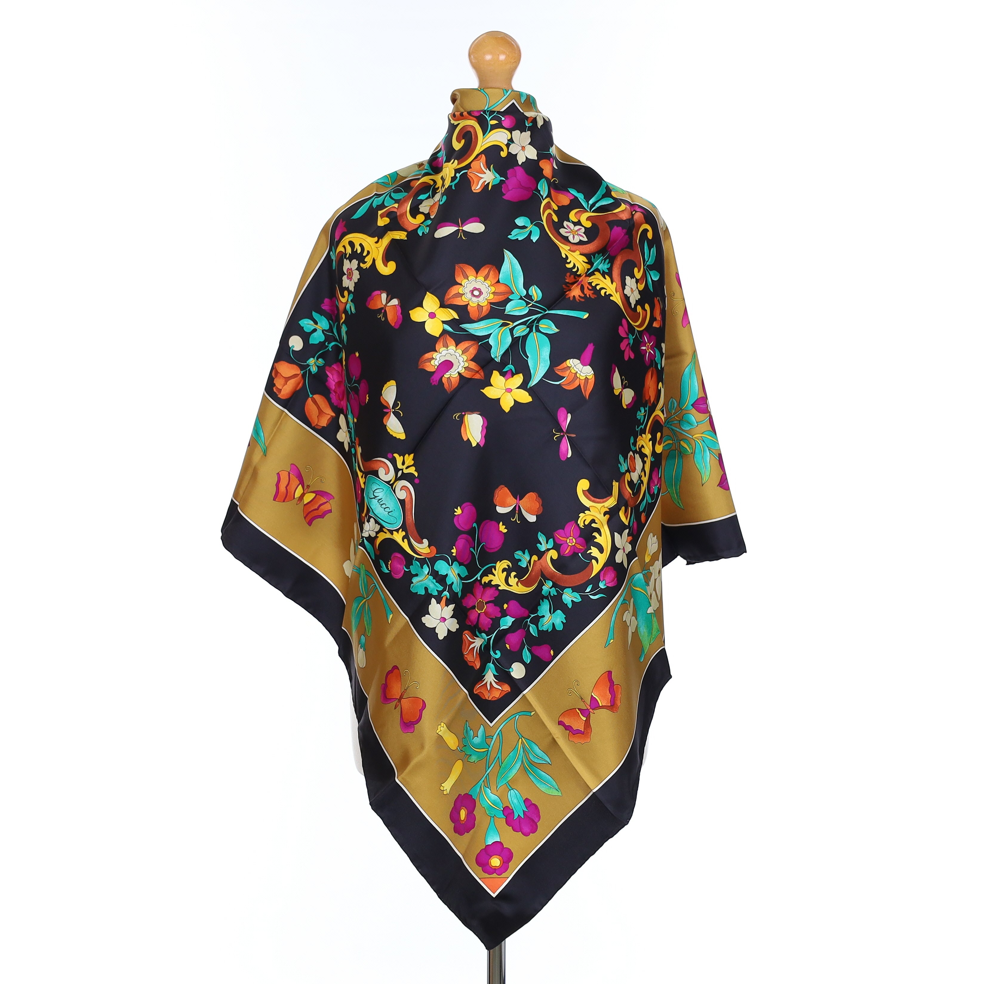 Brand New Gucci Floral Gold and Black Vintage Silk Scarf
