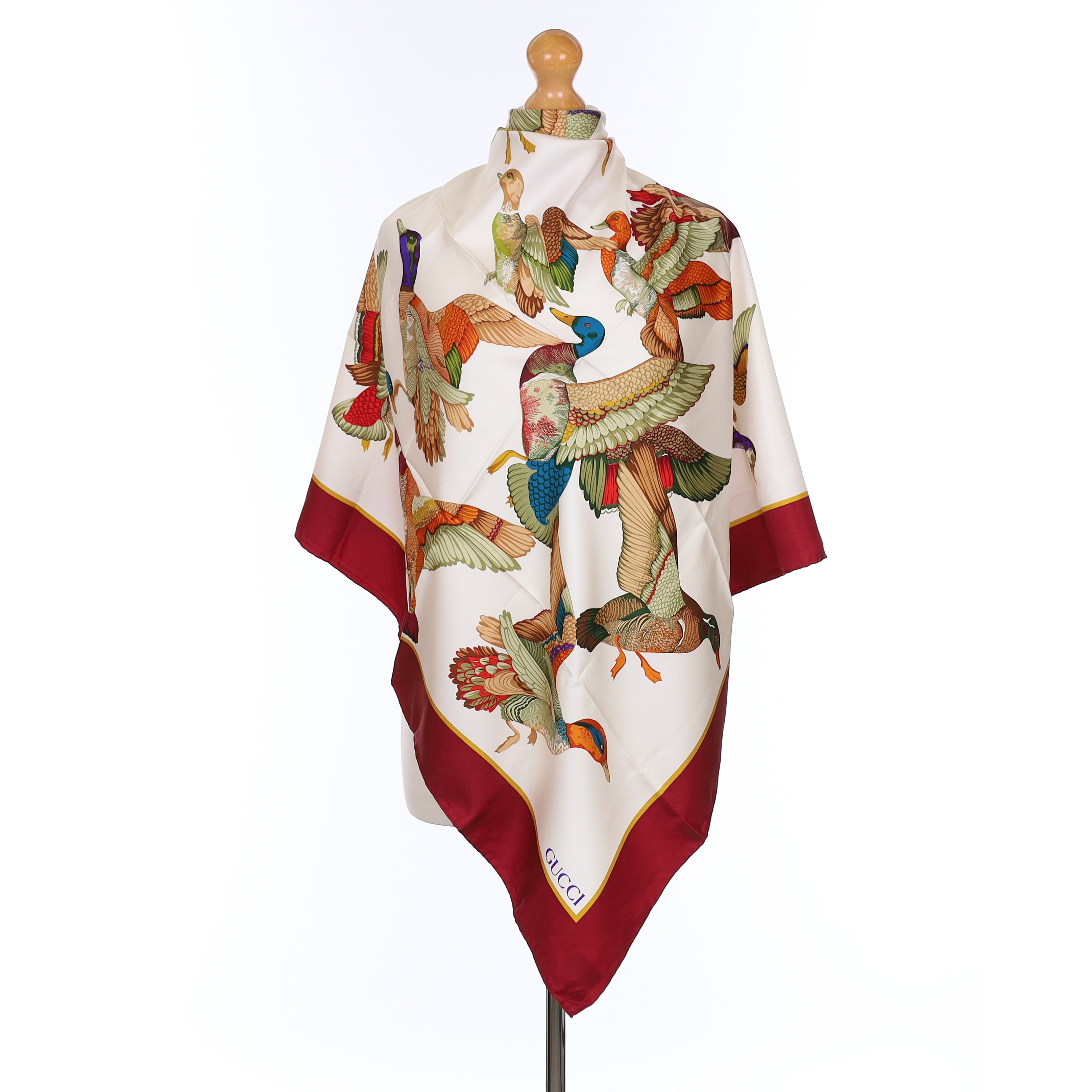 Brand New Gucci Dark Red Ducks In Flight Vintage Silk Scarf