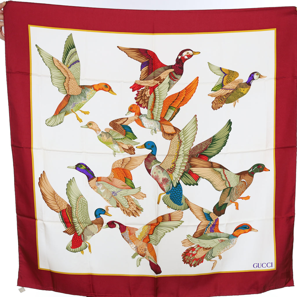 Brand New Gucci Dark Red Ducks In Flight Vintage Silk Scarf