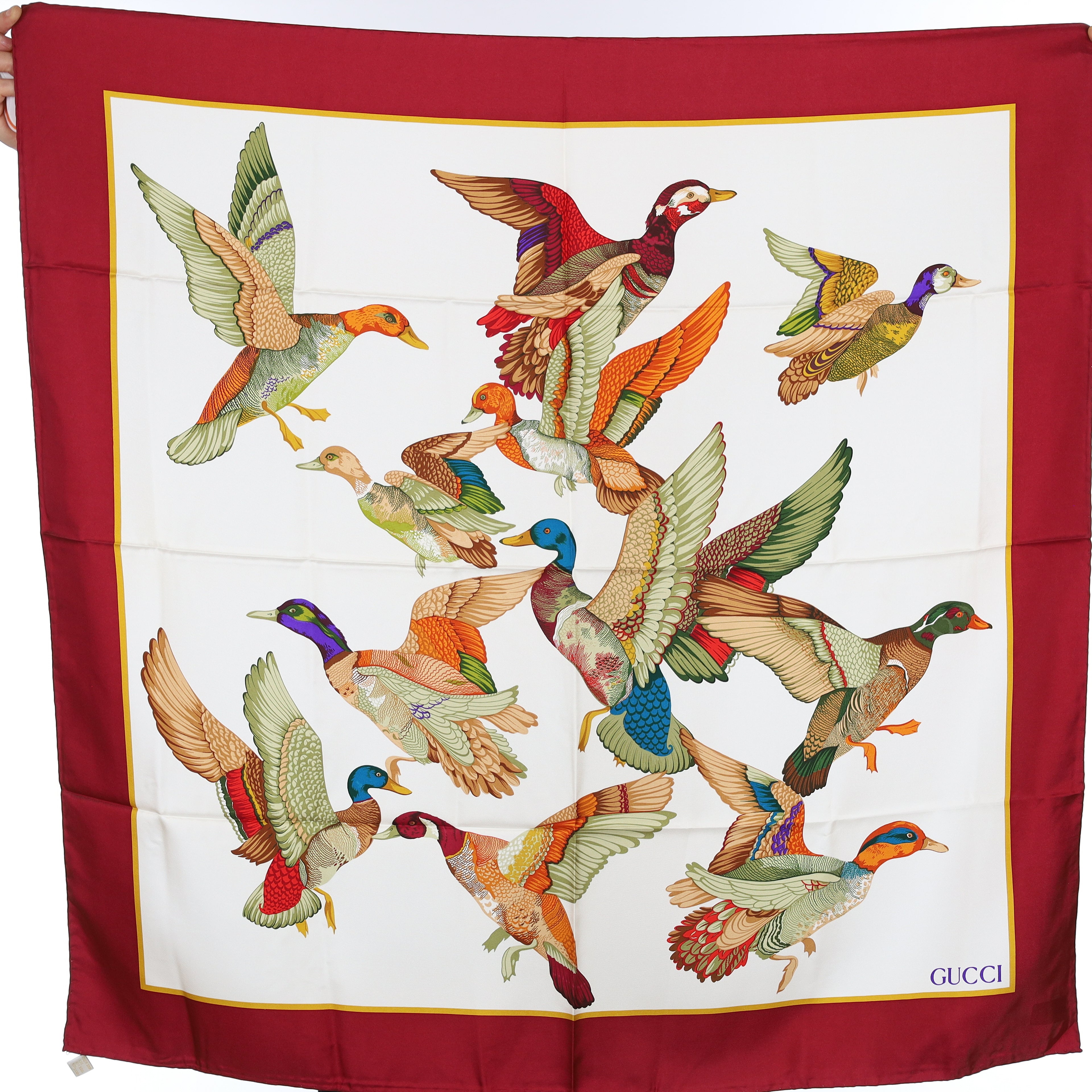 Brand New Gucci Dark Red Ducks In Flight Vintage Silk Scarf